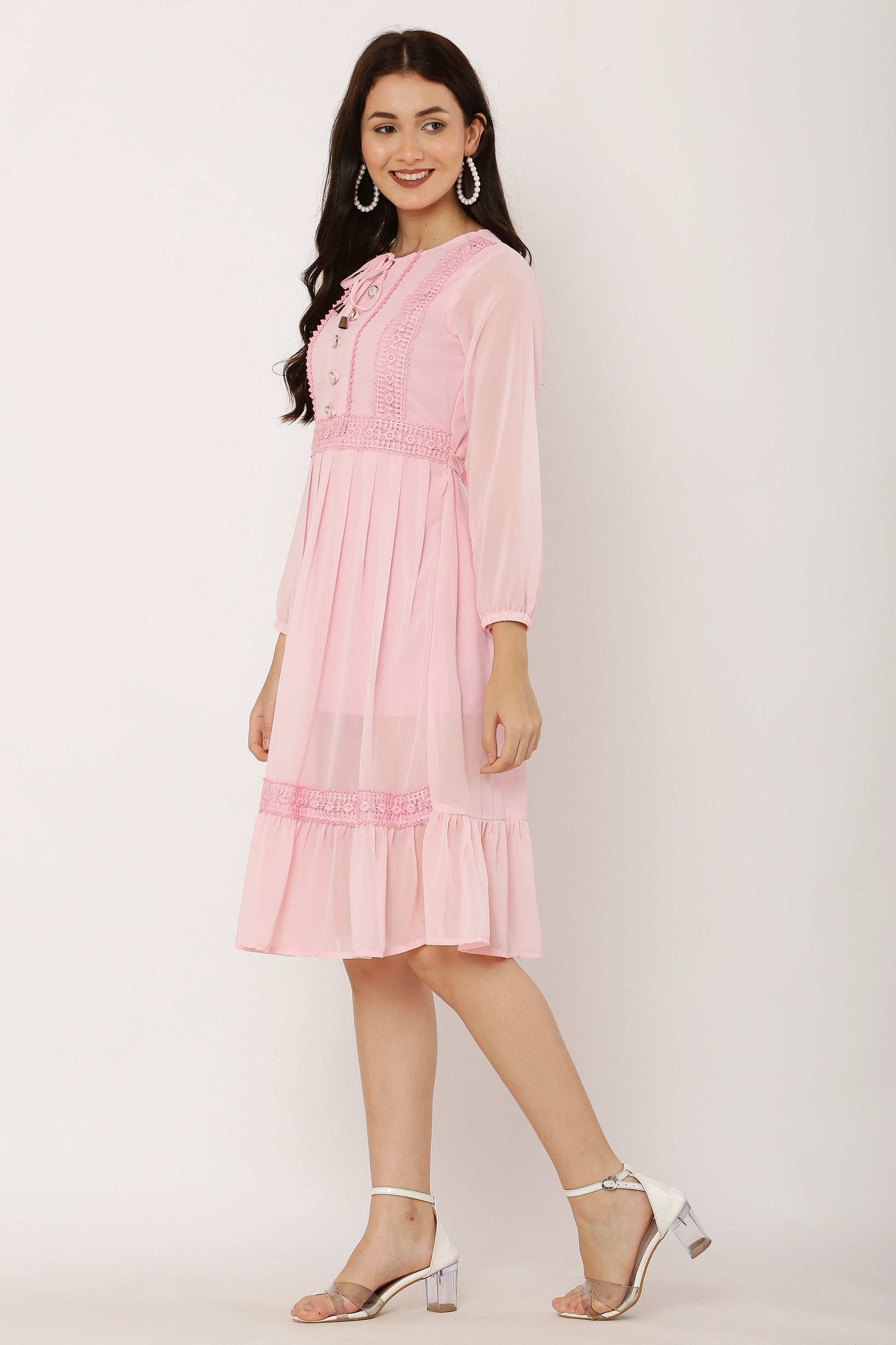 PAVONINE Peach Color Georgette Fabric Lace Inserts Dress For Girls