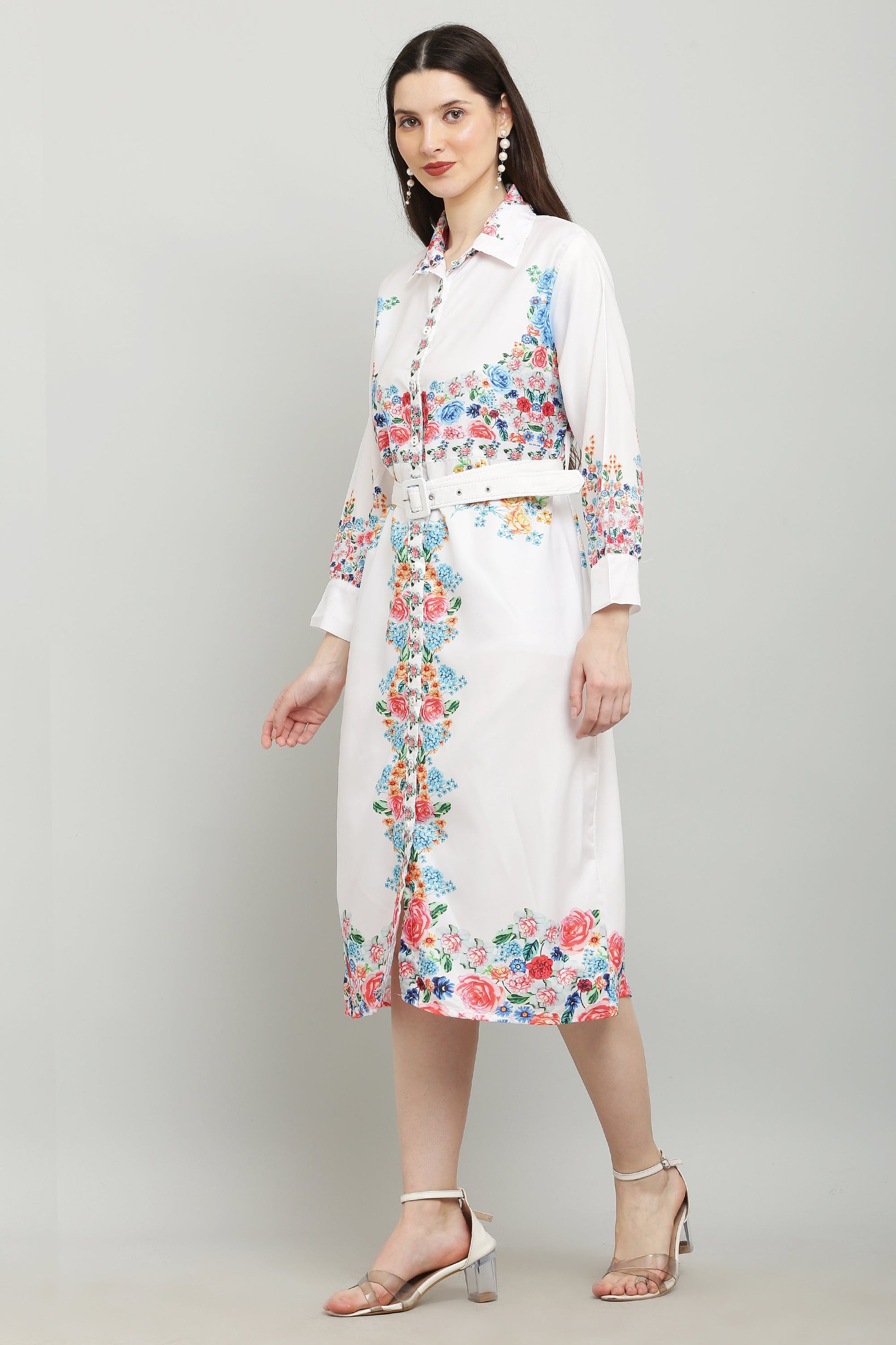 PAVONINE Cat Flower Digital Print White Color A-Line Dress For Women