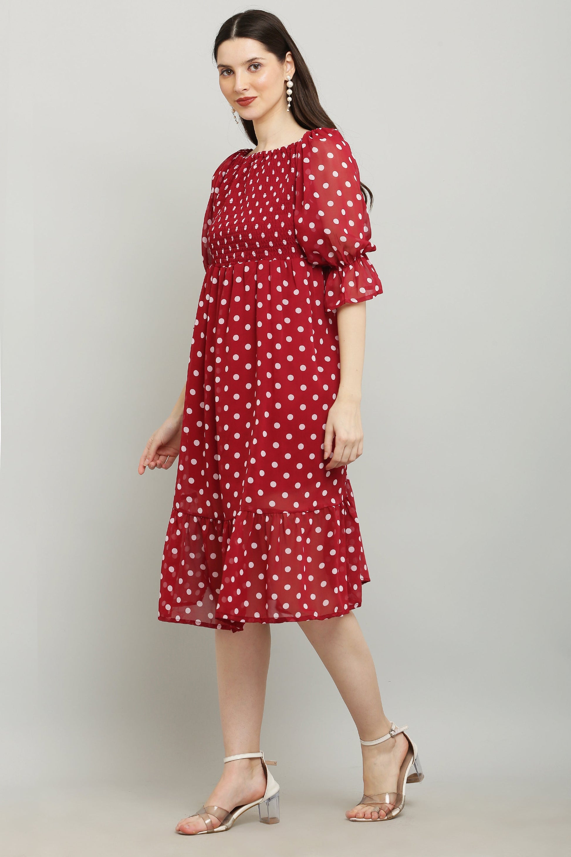 PAVONINE Polka Dots Body Kansai Maroon Dress For Women