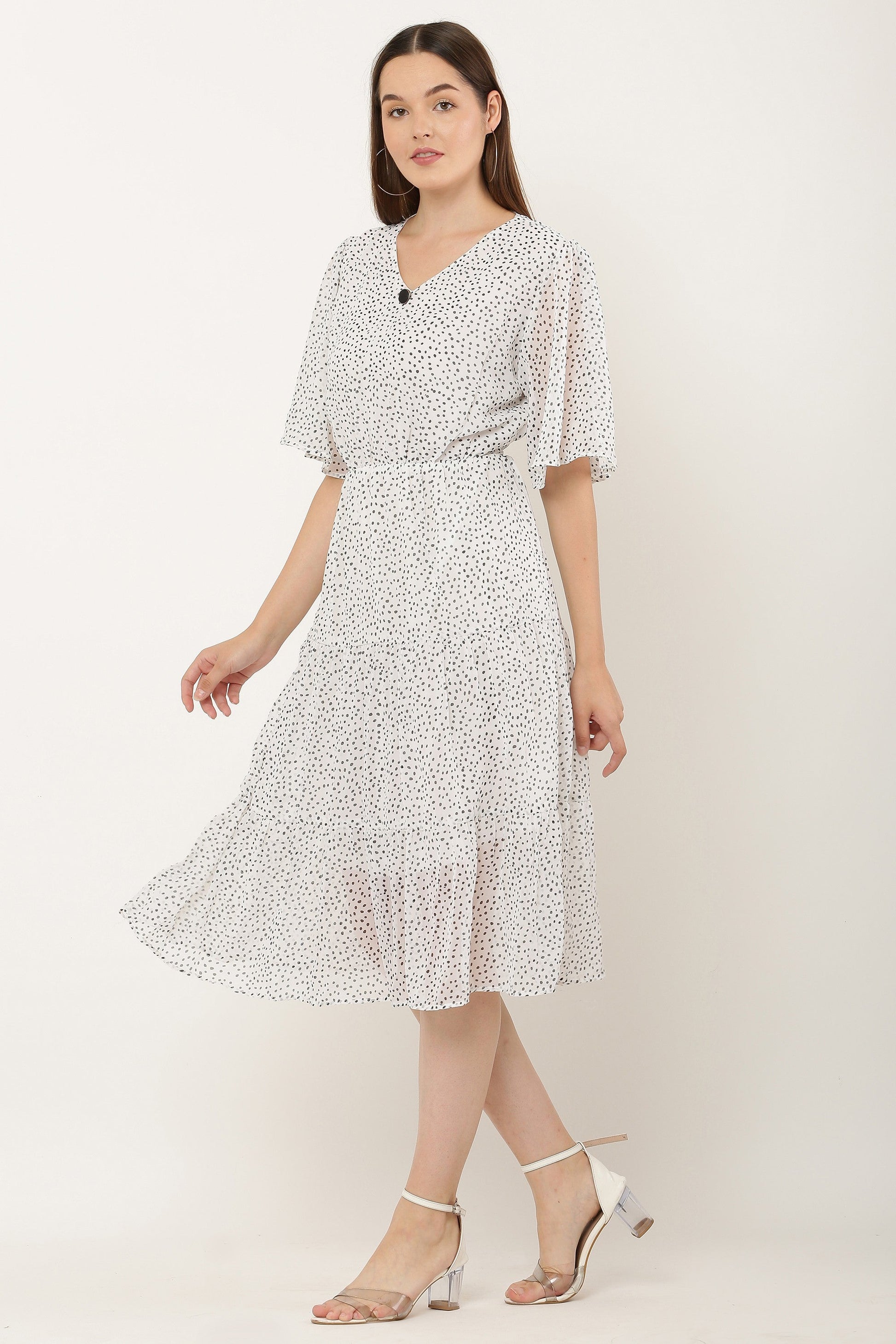 PAVONINE Micro Dots V-Neck Georgette Fabric White Dress For Women