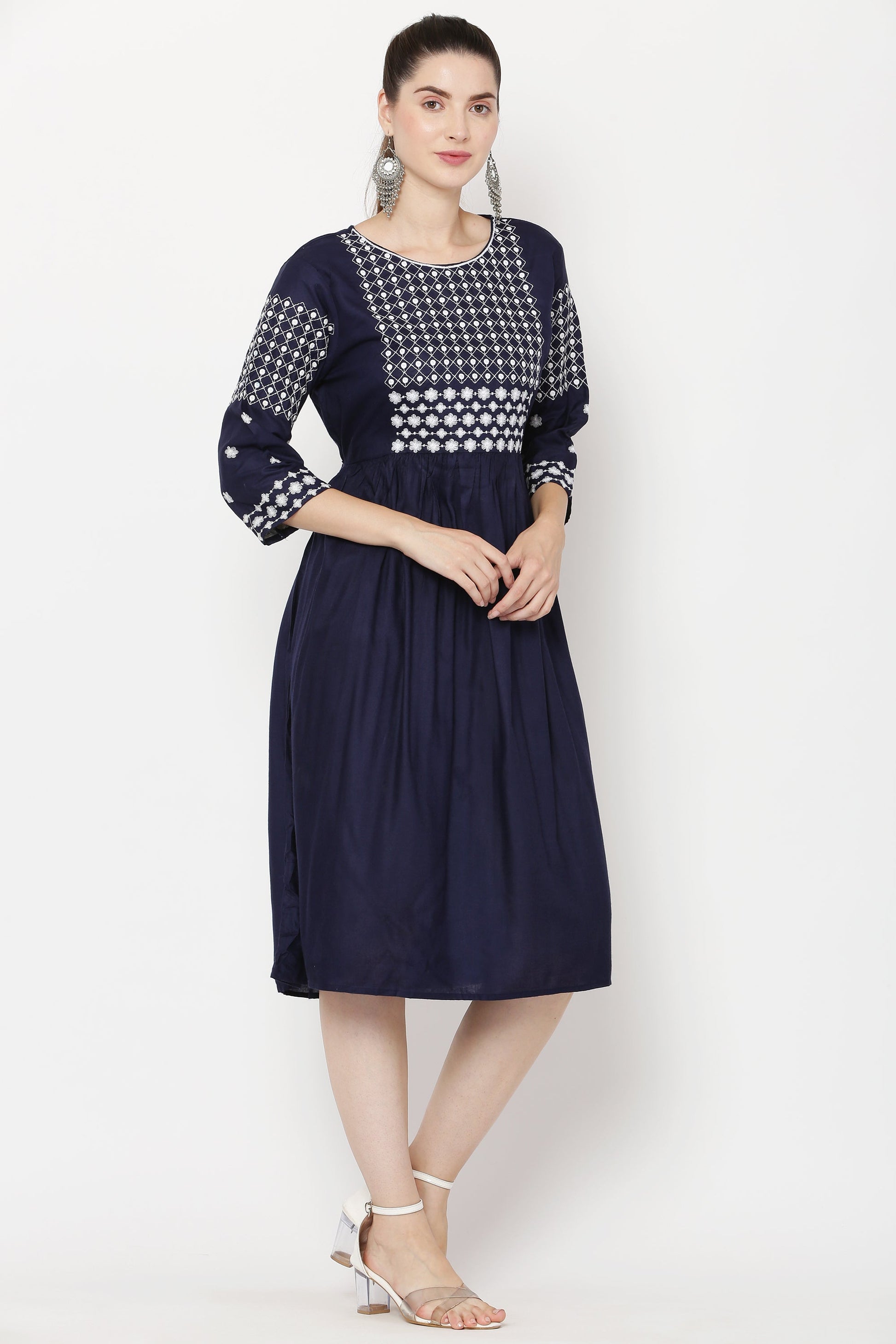 PAVONINE Navy Blue Color Polka Dots Embroidery Dress For Women
