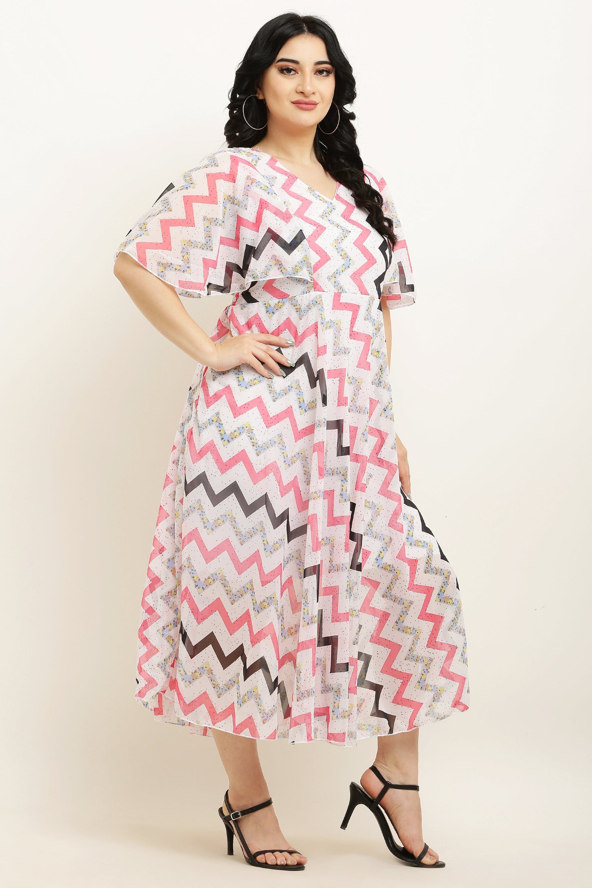 PAVONINE Zig-Zag Printed Georgette Fabric Peach Dress For Women