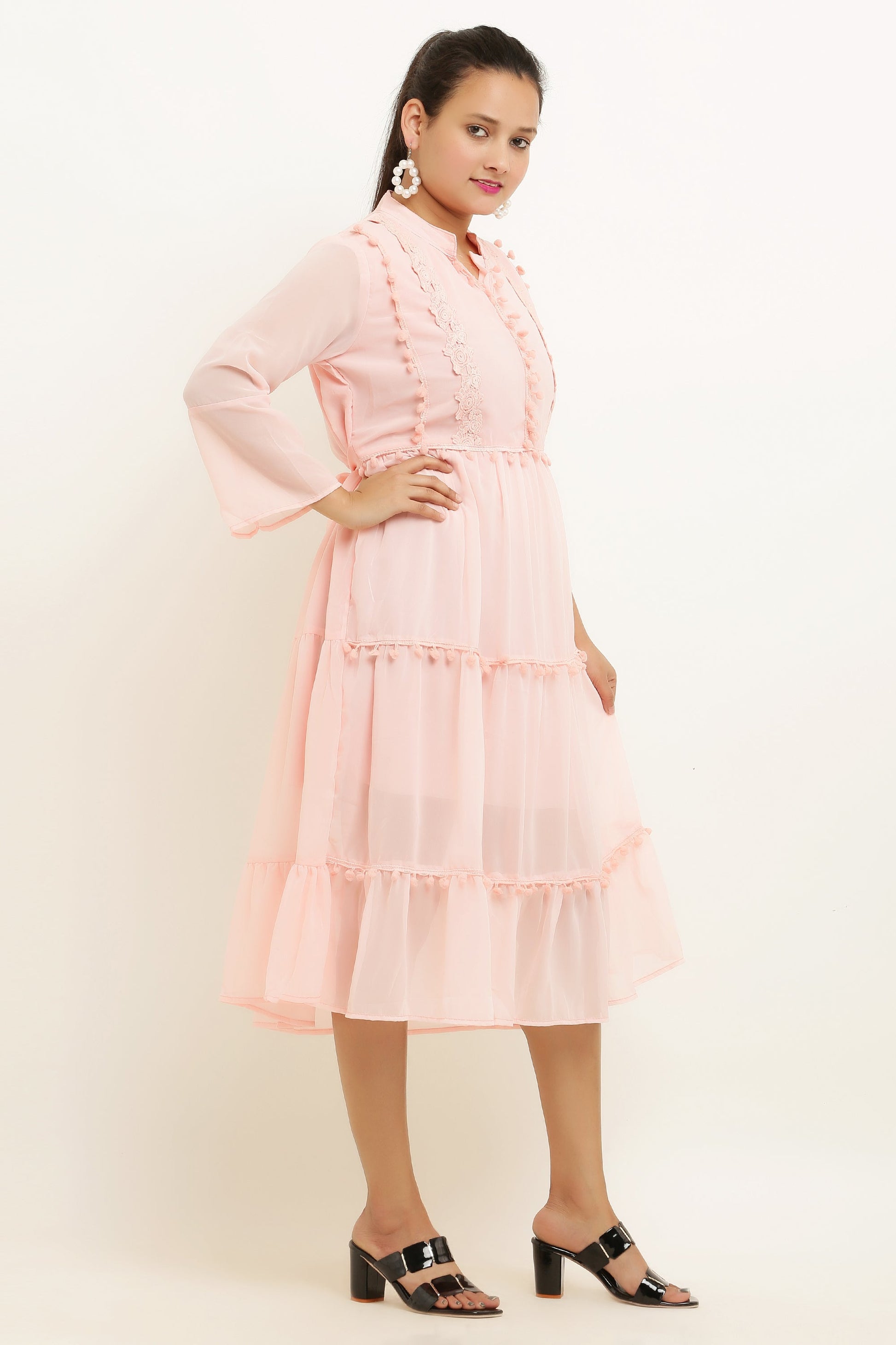 PAVONINE Pum Pum & Lace Inserted Pink Color Dress For Girls & Women