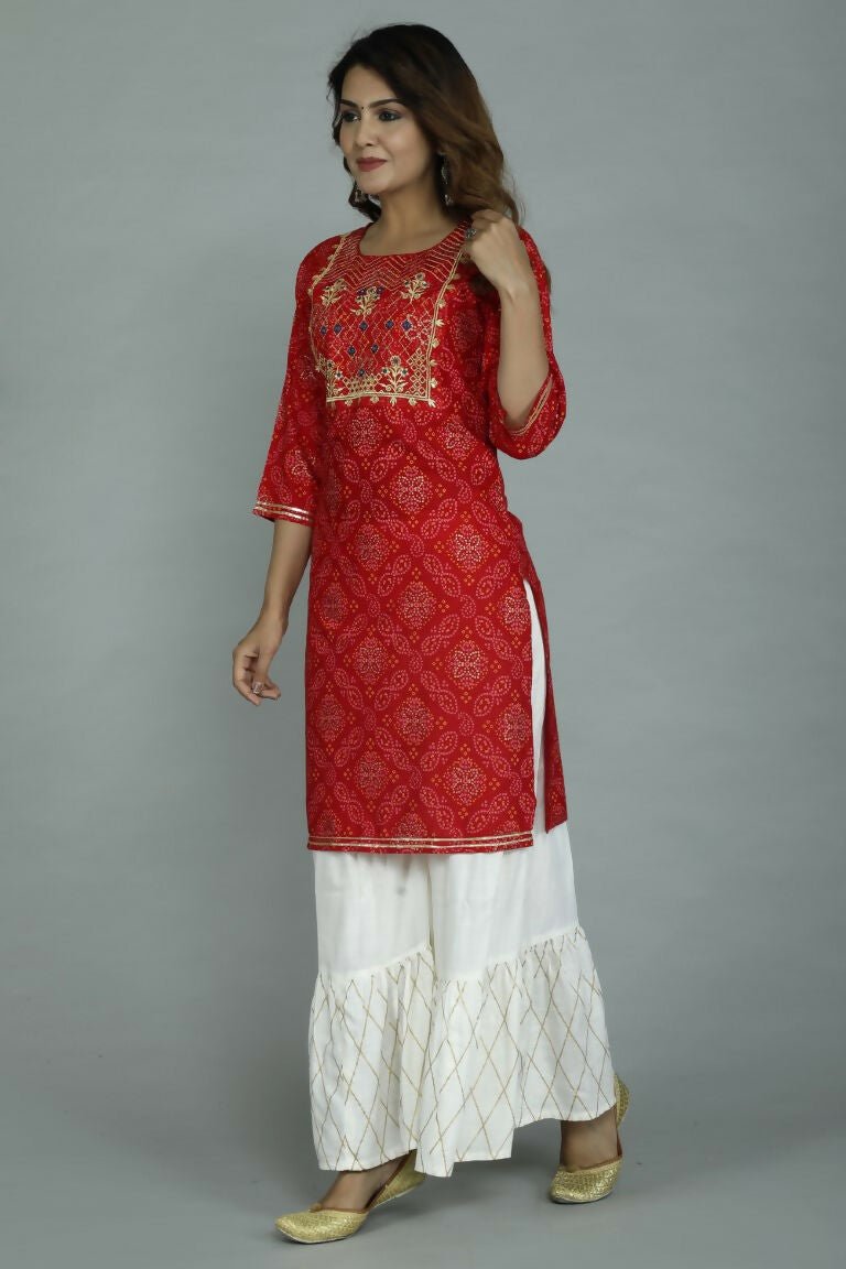 Alvano Printed Stylish A-line Kurti with Sharara set for Women and Girls Rayon (Orange)