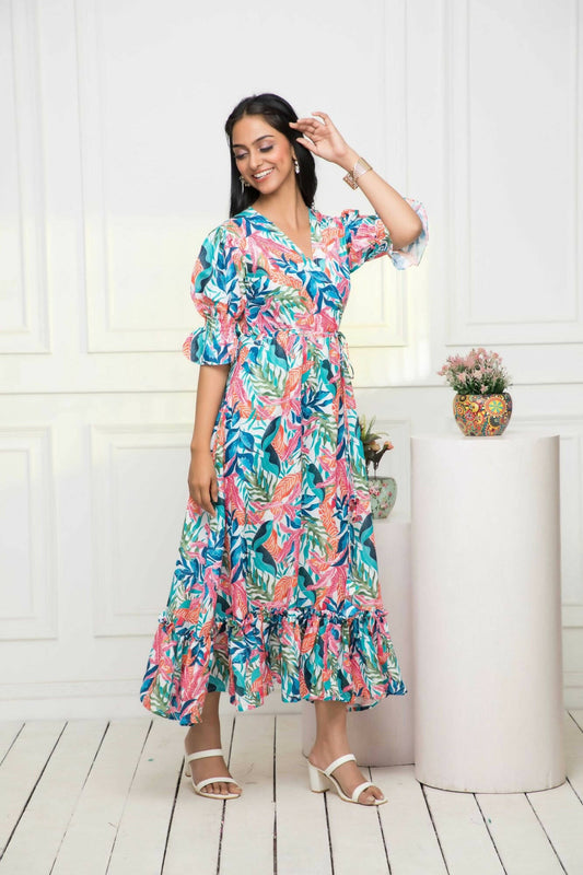 Myshka Women Multi Floral Polyester A-Line V-Neck Dress - Grab2buy