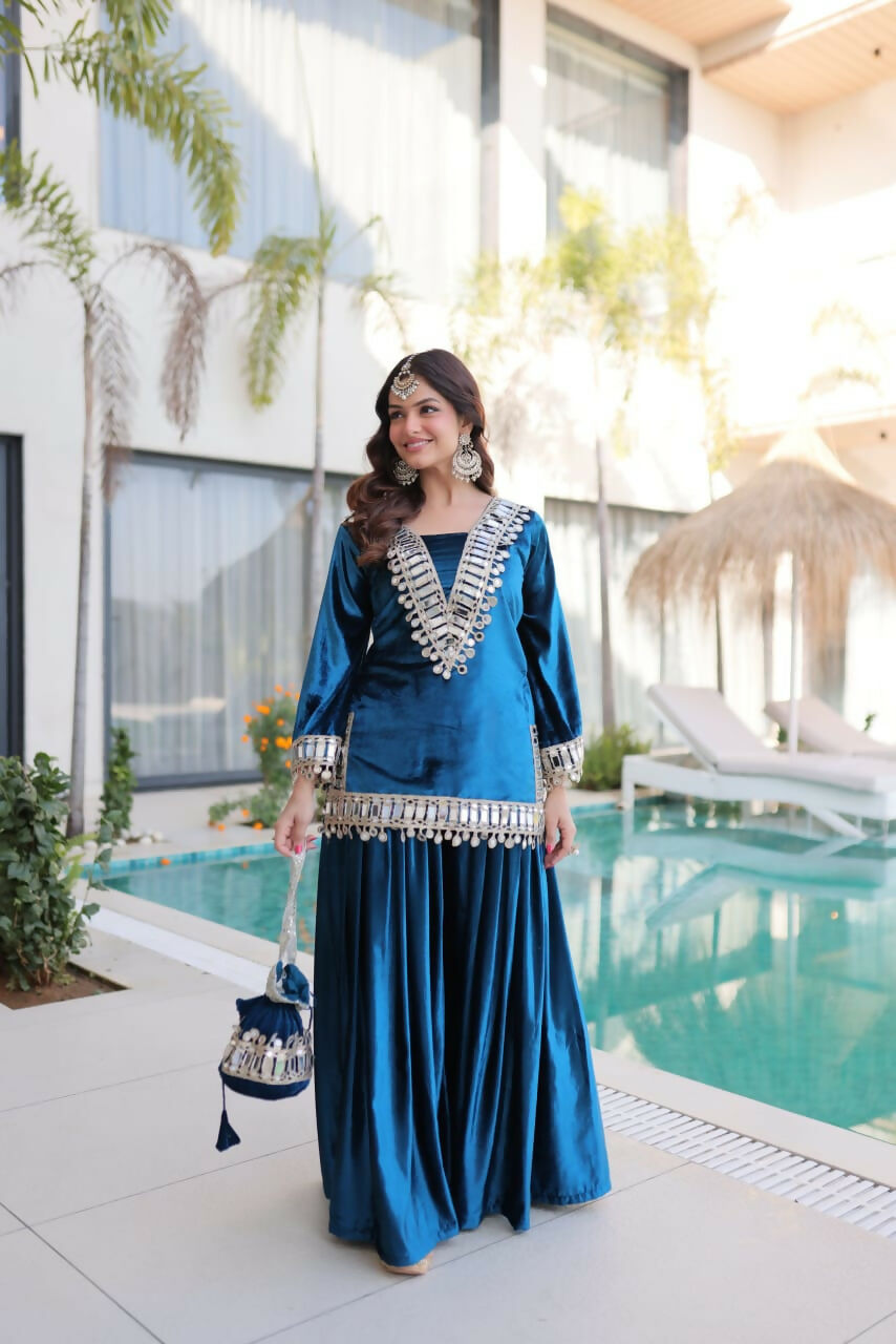Joban Fashion Rama Velvet Embroidery Sequence Work Readymade Kurta Set