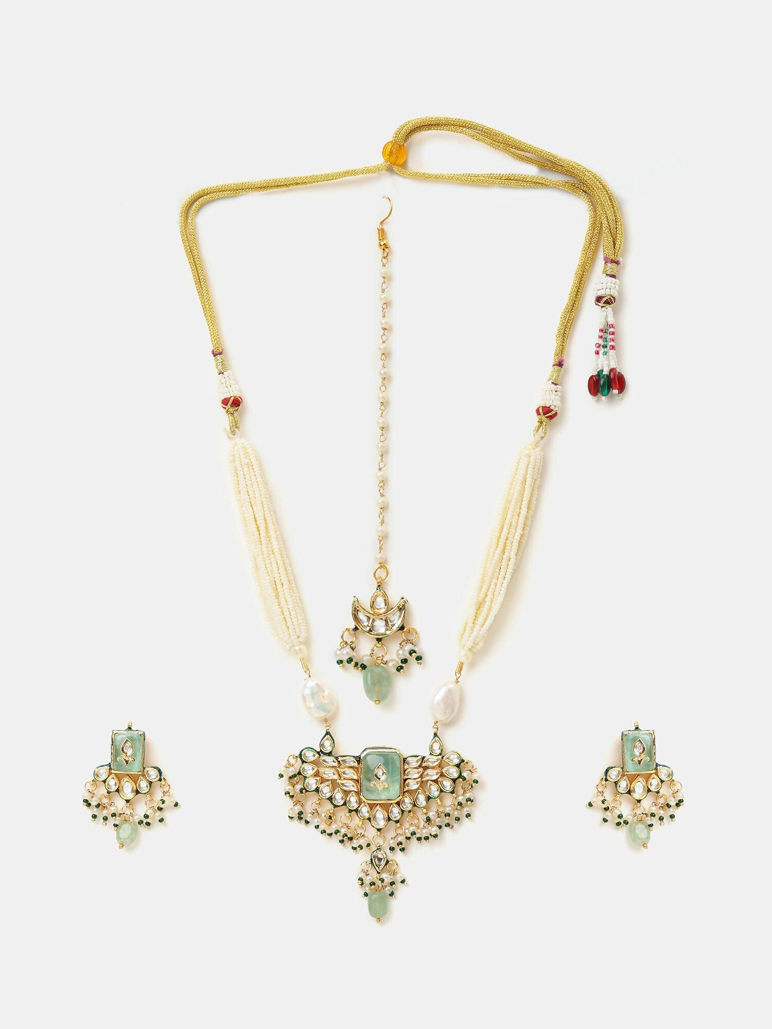 Ruby Raang Pearl Glow Necklace With Matching Earrings And Maang Tikka