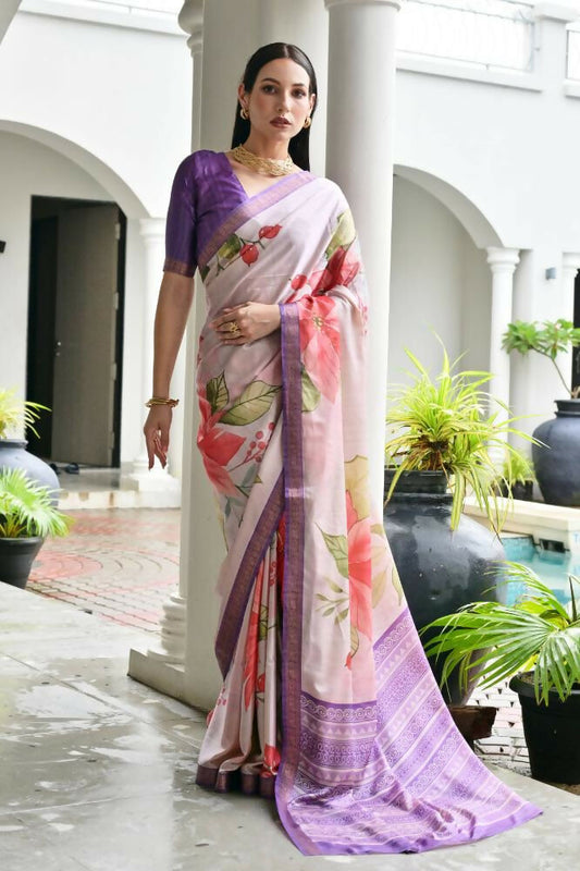 Vishnu Weaves Women's Lavender Satin Silk Printed Saree with Blouse