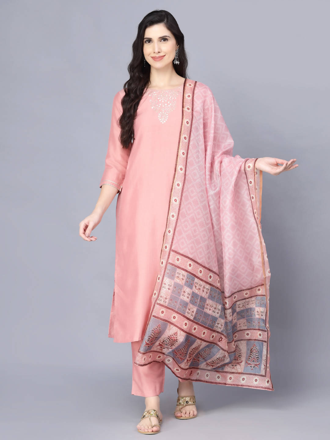 Myshka Women Peach-Coloured Layered Kurta with Trousers With Dupatta