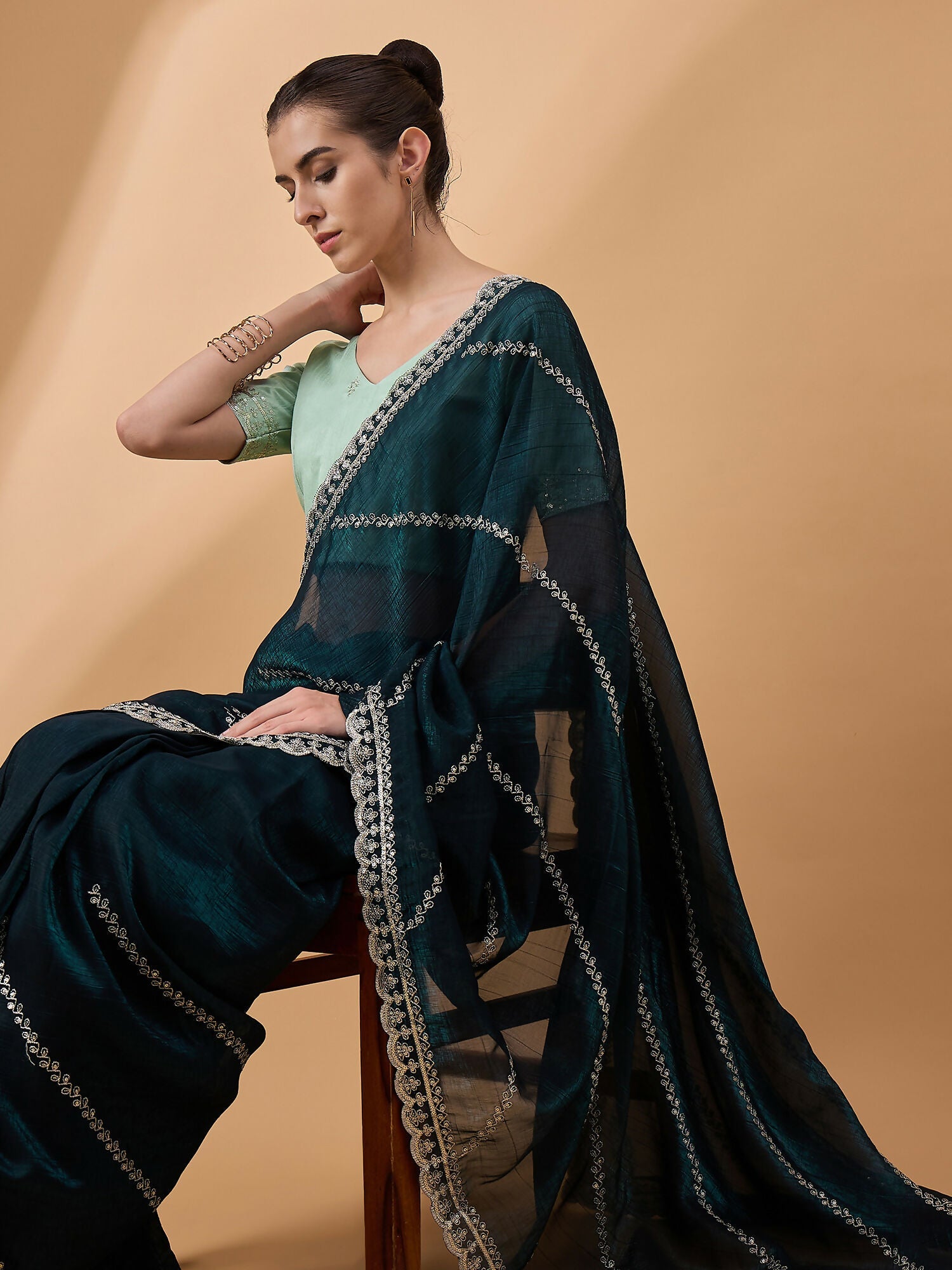 Blue Muslin Embroidered Saree with Unstitched Blouse Piece - Satya