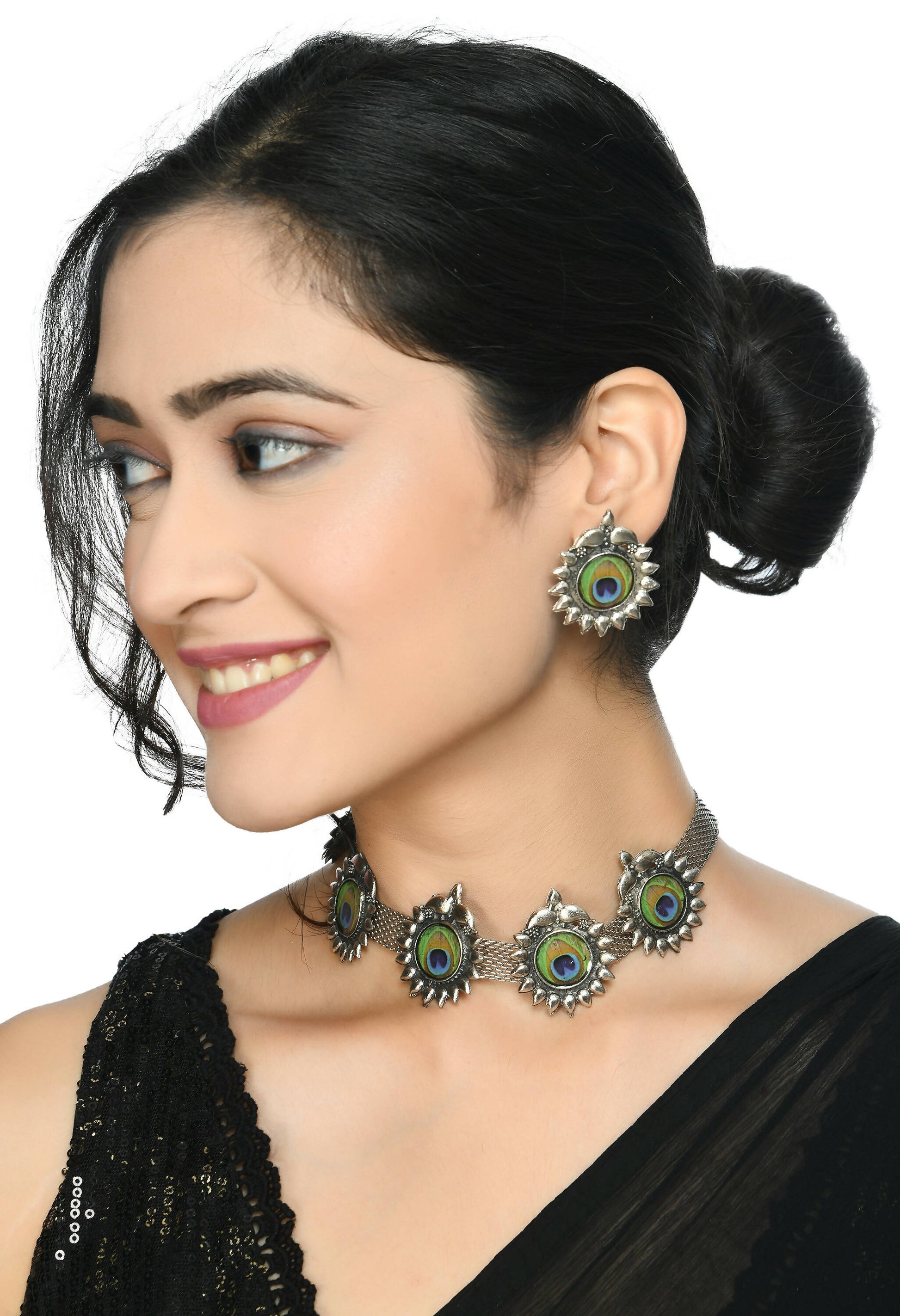 Mominos Fashion Johar Kamal Oxidised Silver-Plated Peacock Wings Work Necklace Handicraft - Grab2buy