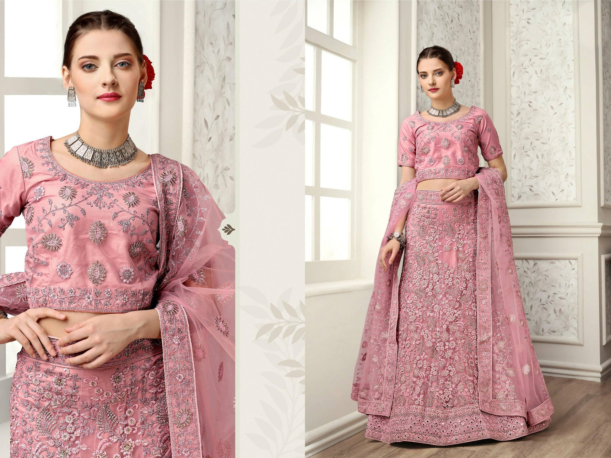 Peach Net Fancy Zari Embroidered work Lehenga Choli with Dupatta - Heer