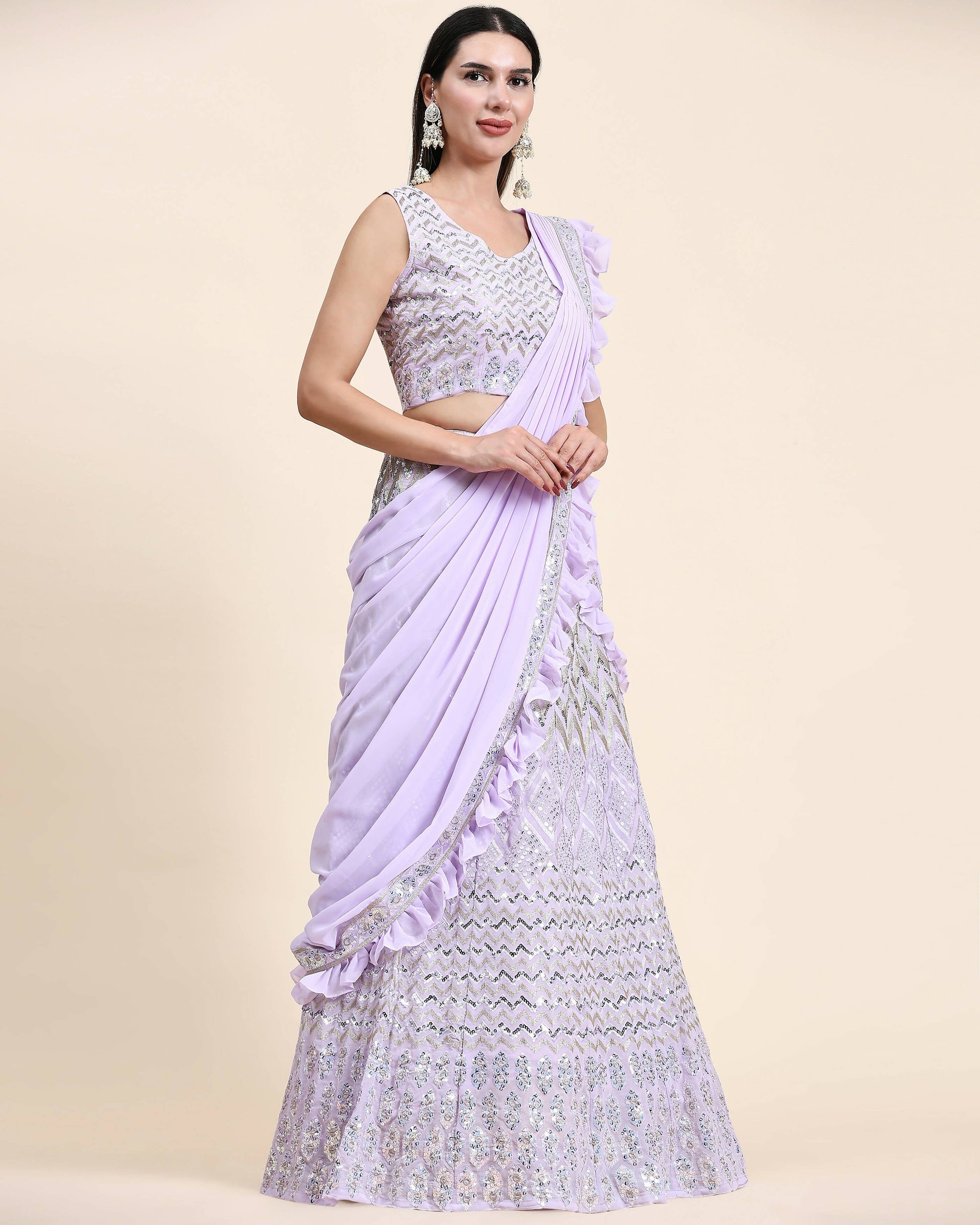 Lavender Pure Viscose Georgette Thread With Sequins Embroidery Work Lehenga Choli With Dupatta - Tanya