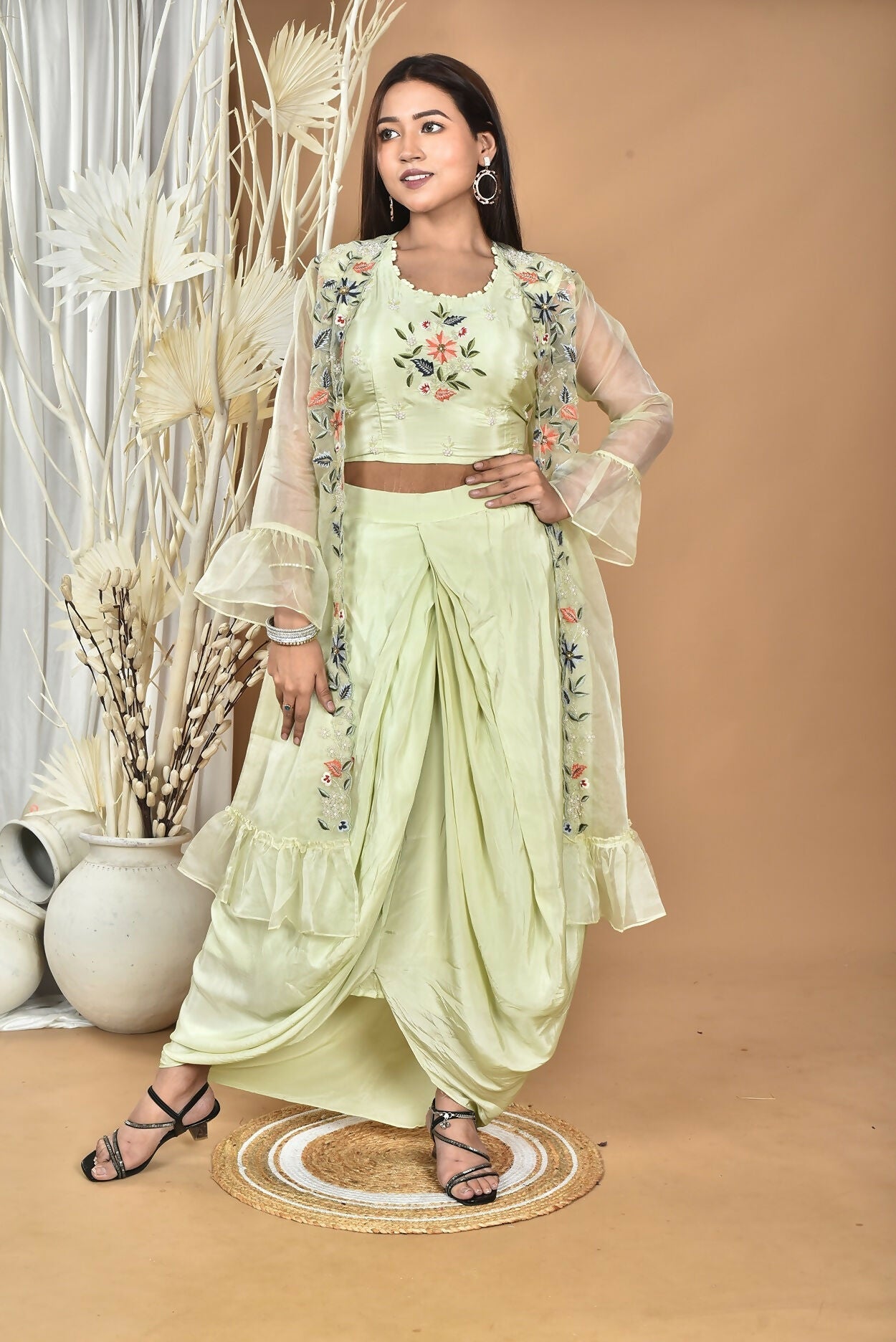 Morchari Women Hand Embroidery Crop Top-Light Green 