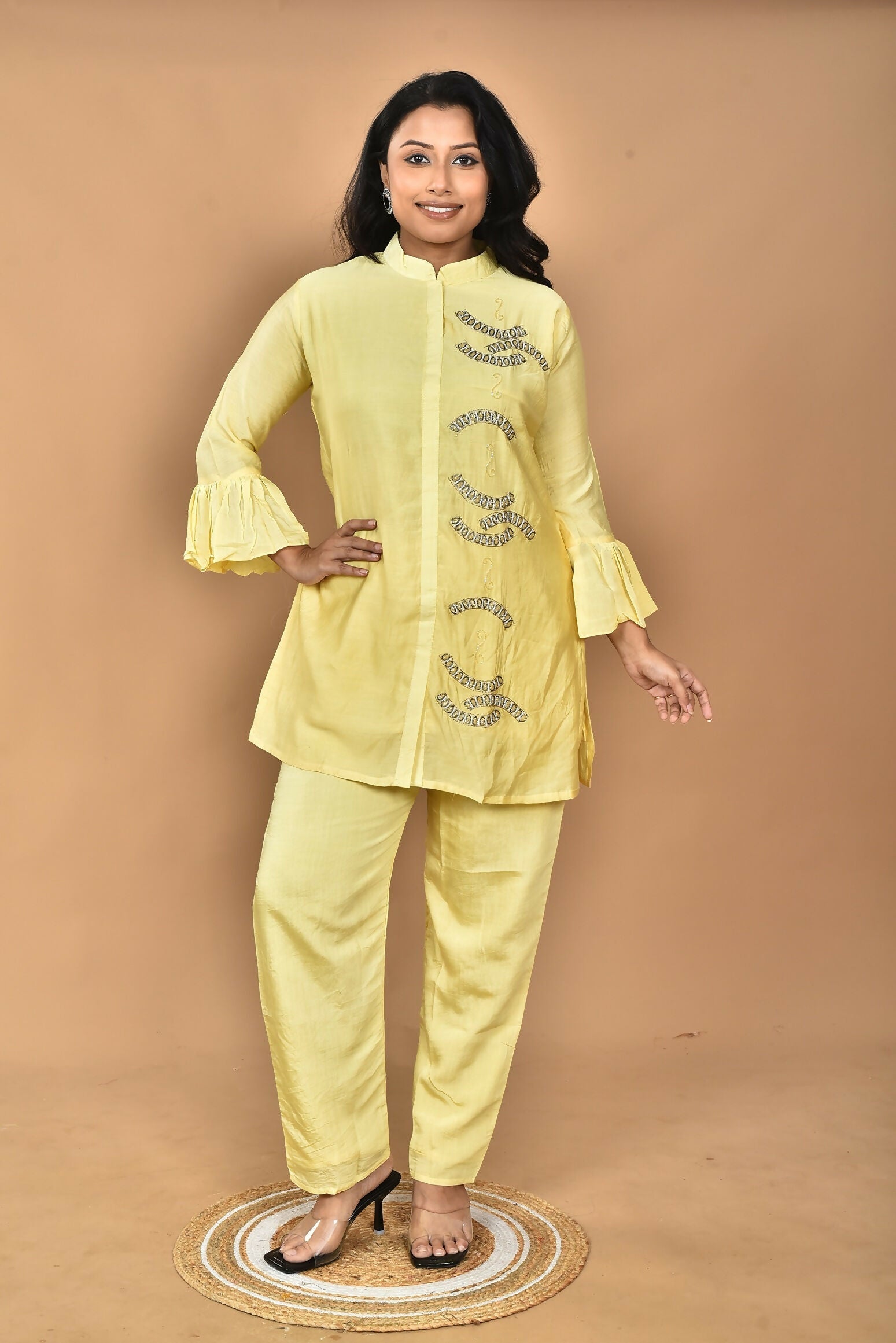 Morchari Women Hand Embroidery Co-Ords-Yellow 