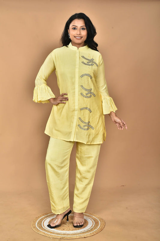 Morchari Women Hand Embroidery Co-Ords-Yellow 