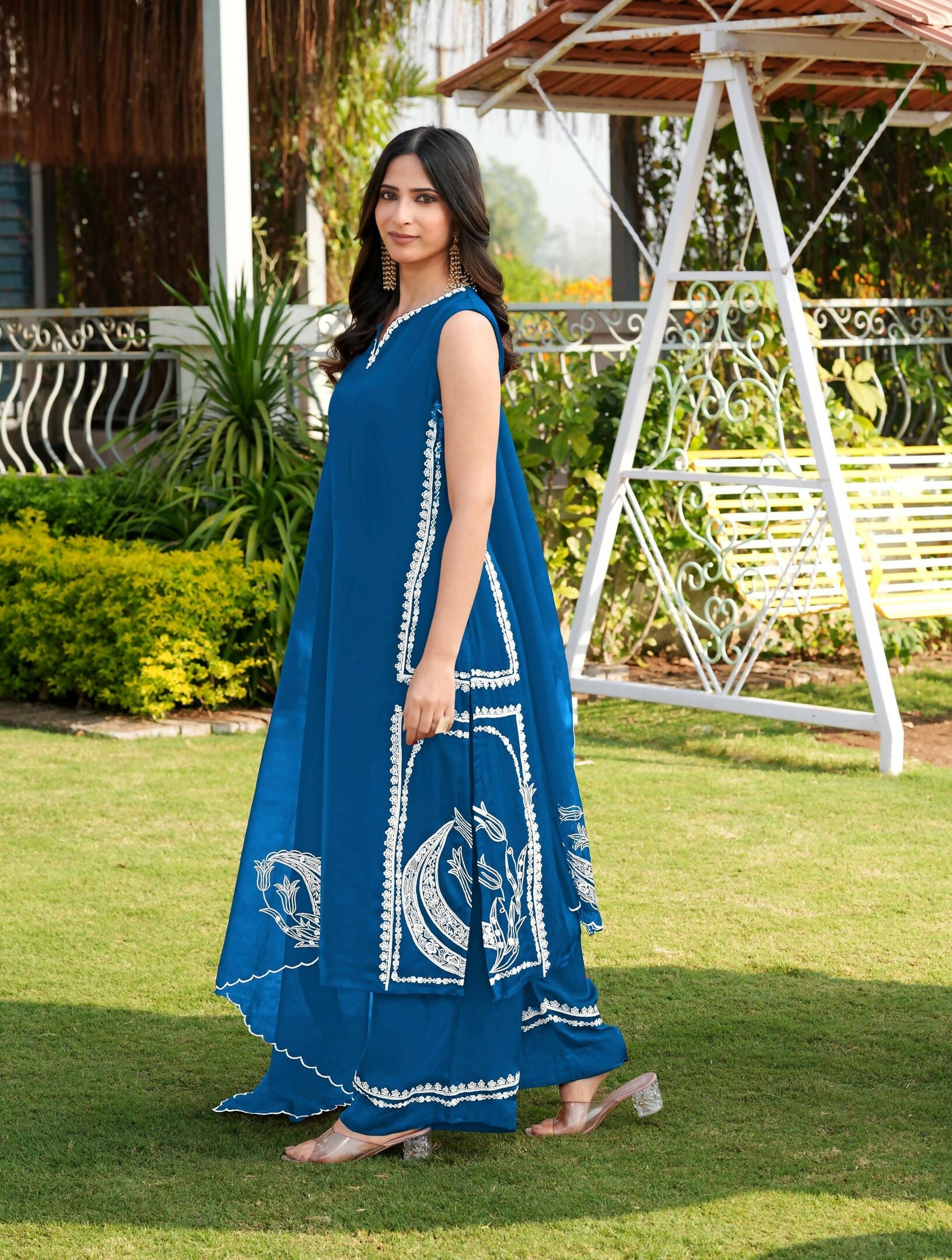 Nikhaar Royal Blue Embroidered Modal Silk Stitched Straight Cut Kurta Culottes Dupatta Readymade Suit