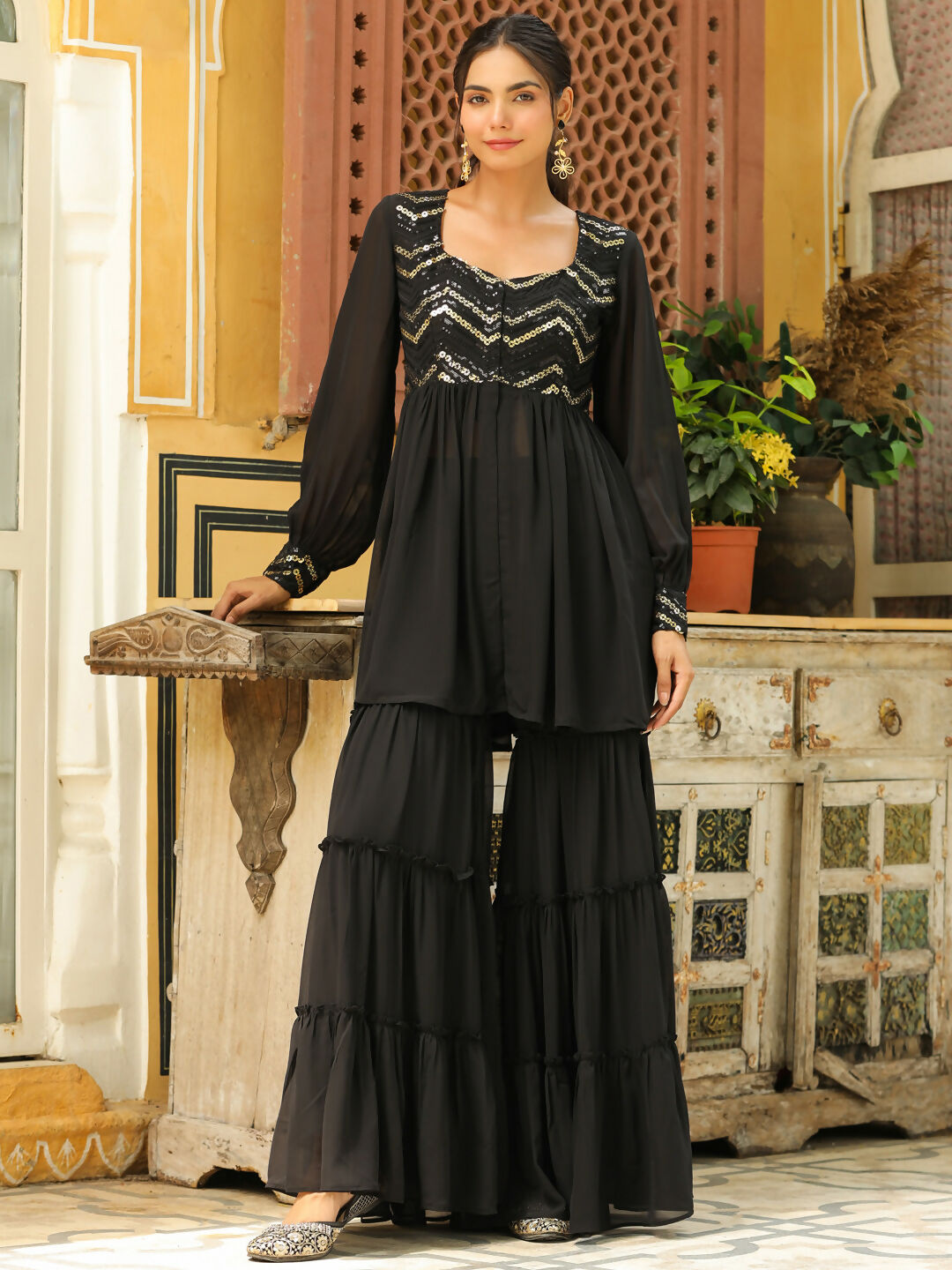 Janasya Black Georgette Sequined Tunic & Bottom 