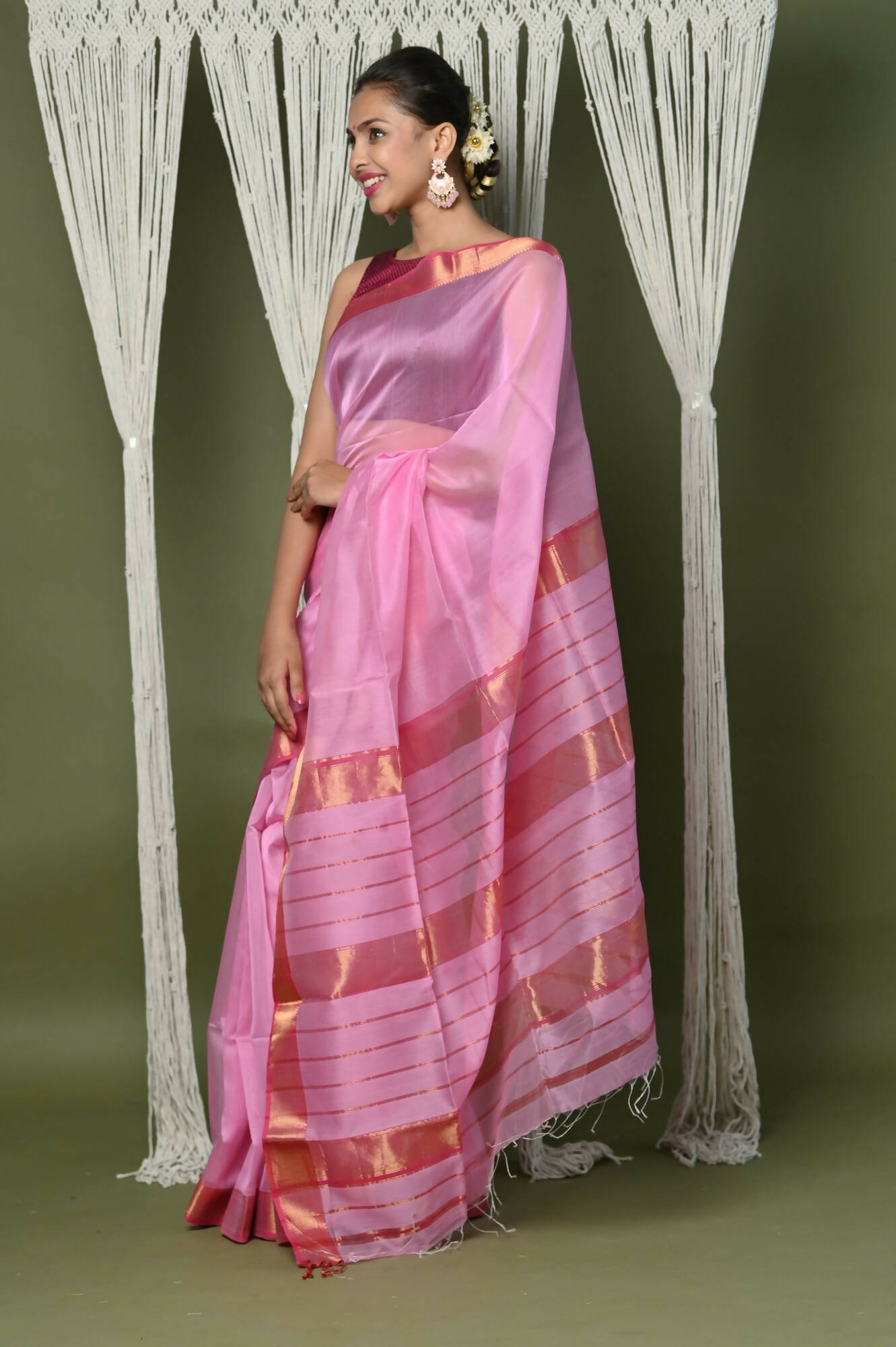 Very Much Indian Handloom Cotton Silk Maheshwari Grab2Buy With Sleek Golden Border - Rose Pink 