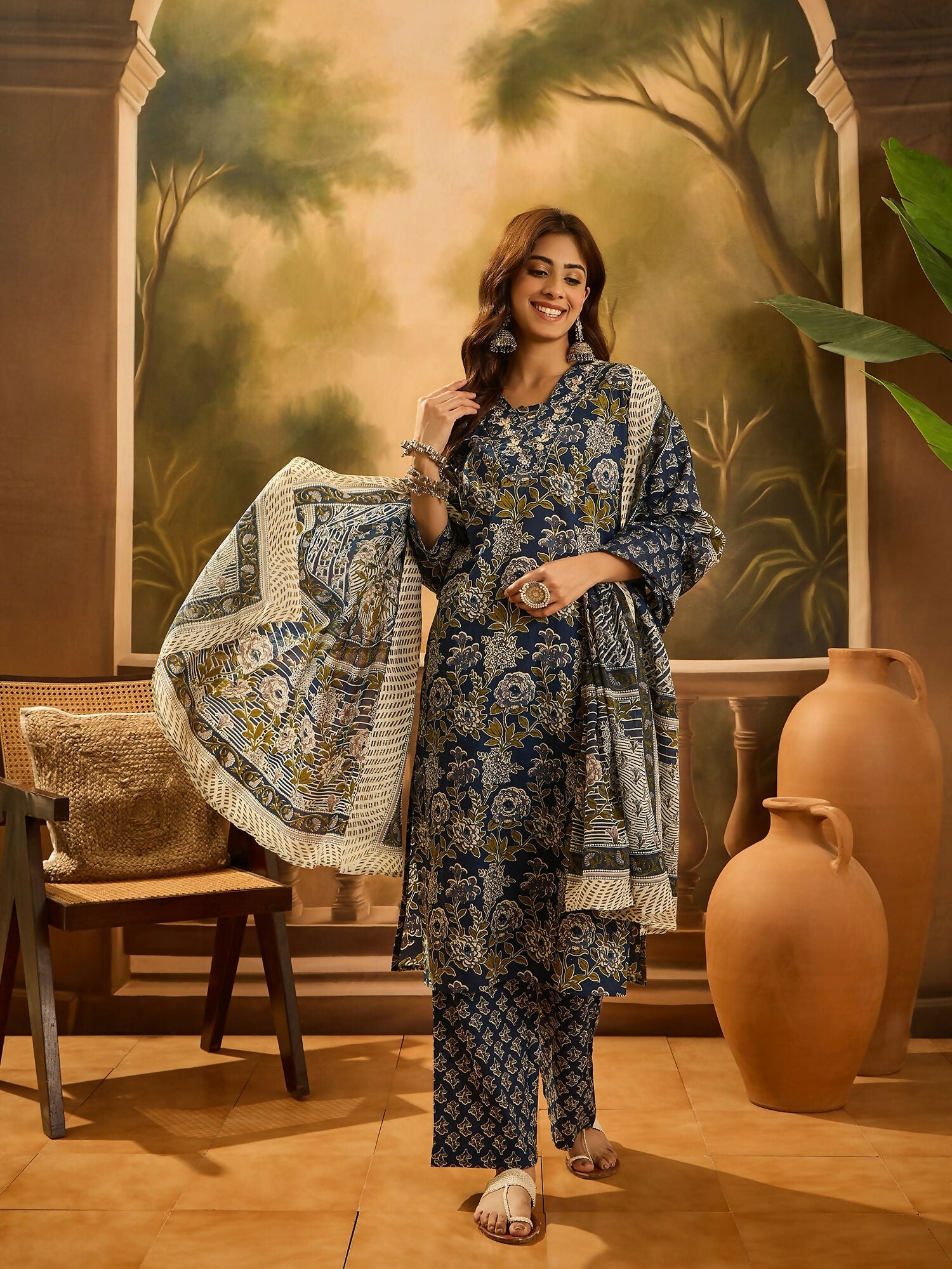 Joban Fashion Printed Navy Blue Pure Cotton Kurta Set