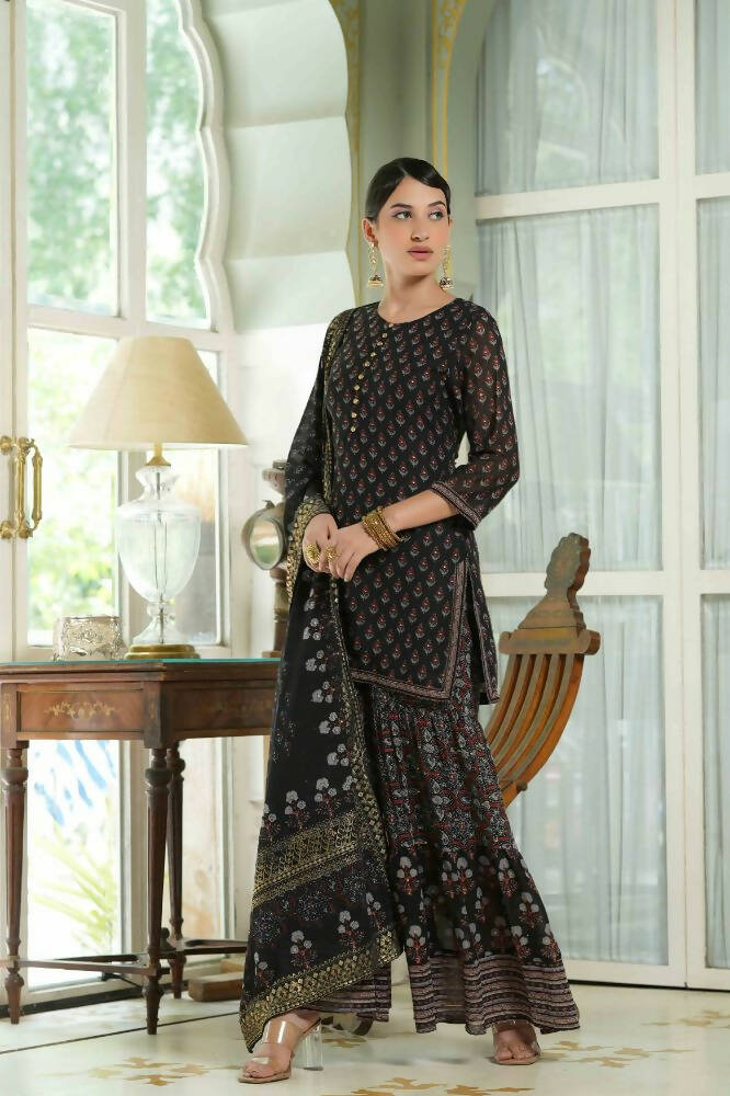 Juniper Black Georgette Festive Floral Print Straight Tunic-Sharara For Women 