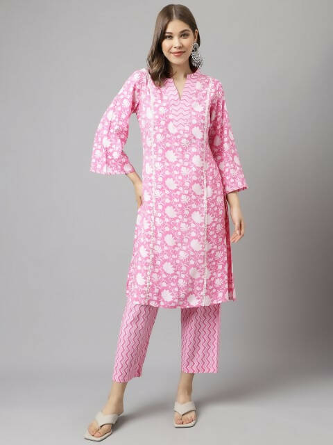 FIORRA Women's Pink Cotton A-Line Kurta Set 