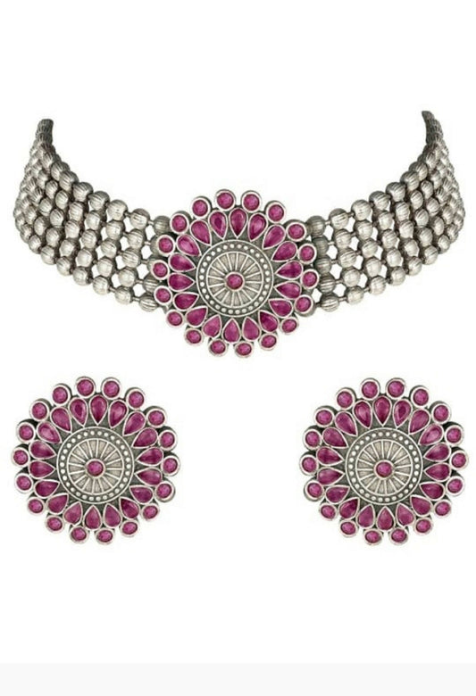 Mominos Fashion Johar Kamal Oxidised Silver-Plated Brass Finish Kundan Choker For Women (Pink) - Grab2buy