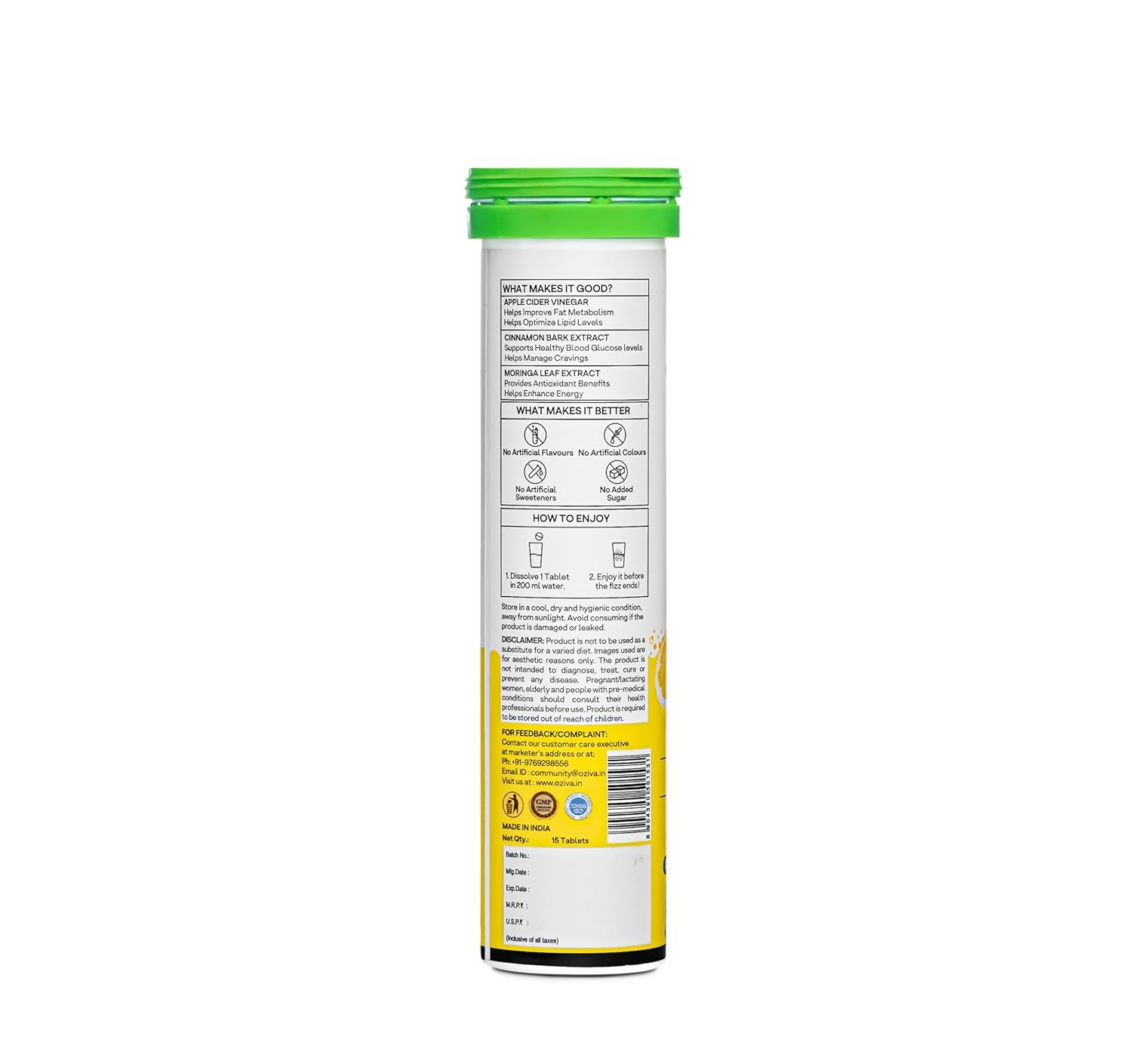 OZiva Metabolic ACV Moringa Effervescent Tablets for Control Cravings - Lemon Masala Flavor 