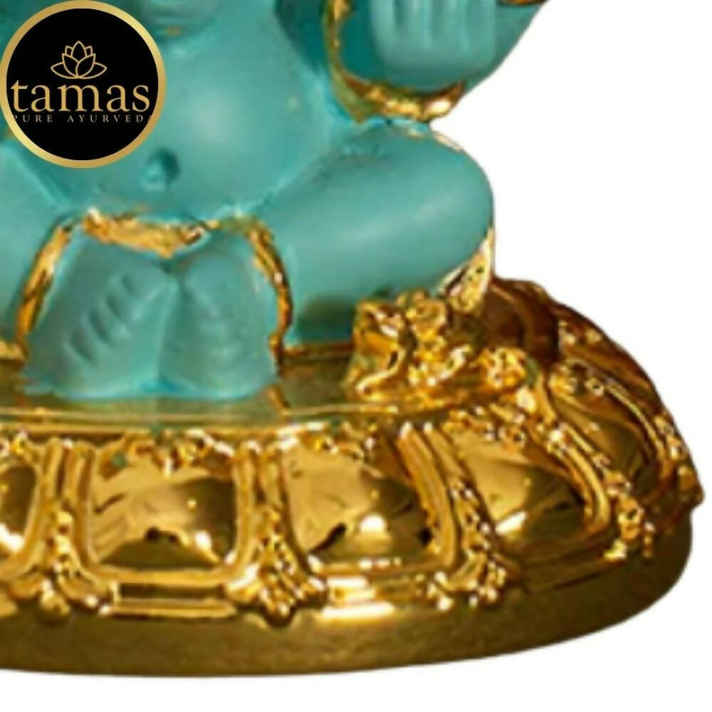 Tamas Gold-Polished Gaj Karna Ganesh Idol Flora Blue & Gold Color 