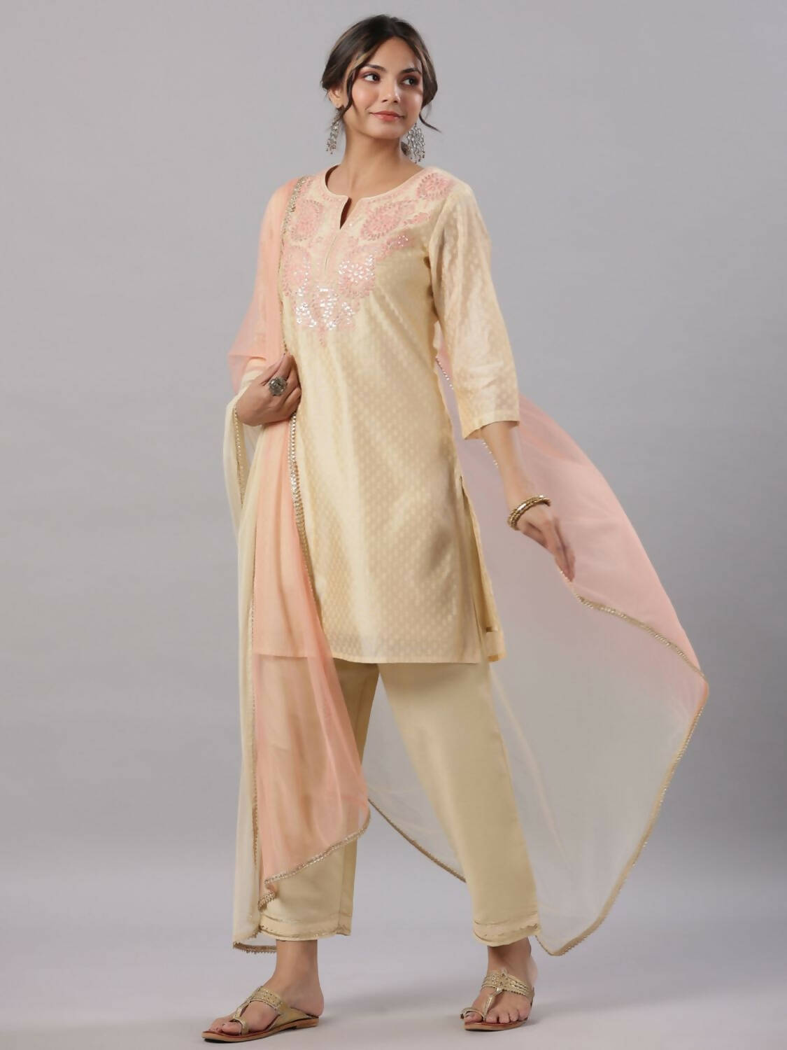 Juniper Women Gold Modal Chanderi Embroidered Kurta, Pants and Dupatta Set