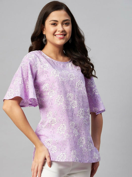 Miravan Women's Lavender-Coloured Bell Sleeve Floral Print Kurti | Grab2Buy
