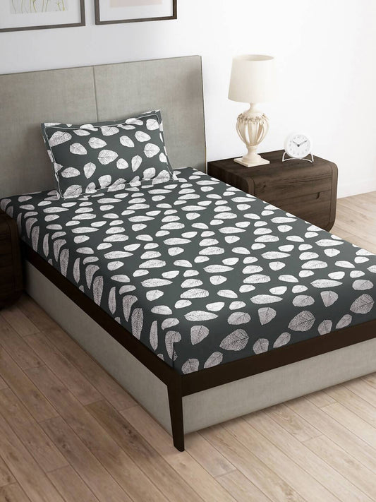 Story@home Arena Grey & White Floral Printed 180 TC Bedsheet & Pillow Covers 