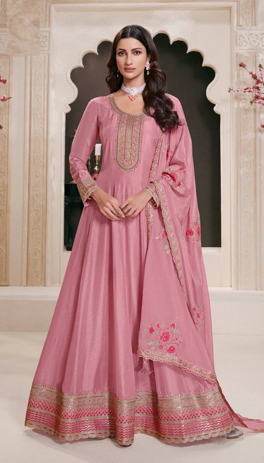Anaita Pink Embroidered Work Silk Stitched Anarkali Suit