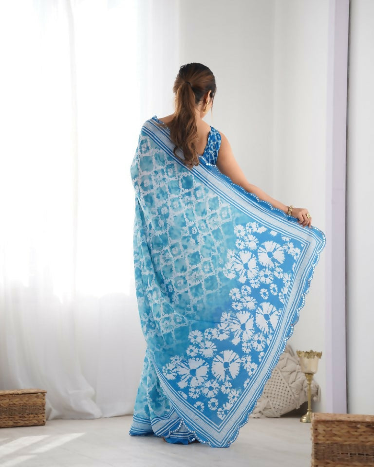 Blue Chinon Designer Digital Printed & Mirror Cut Work Saree - Kriti