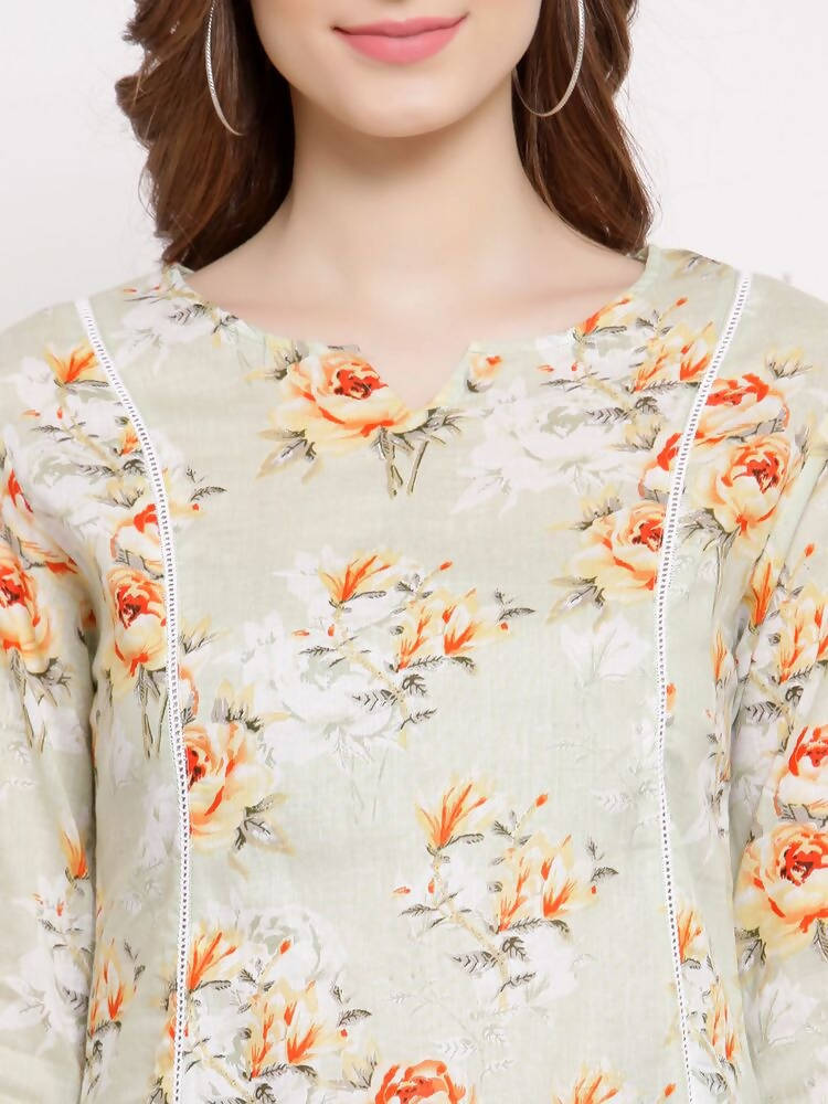 Myshka Women's Off White Cotton 3/4 Sleeve Round Neck Printed Casual Tunic