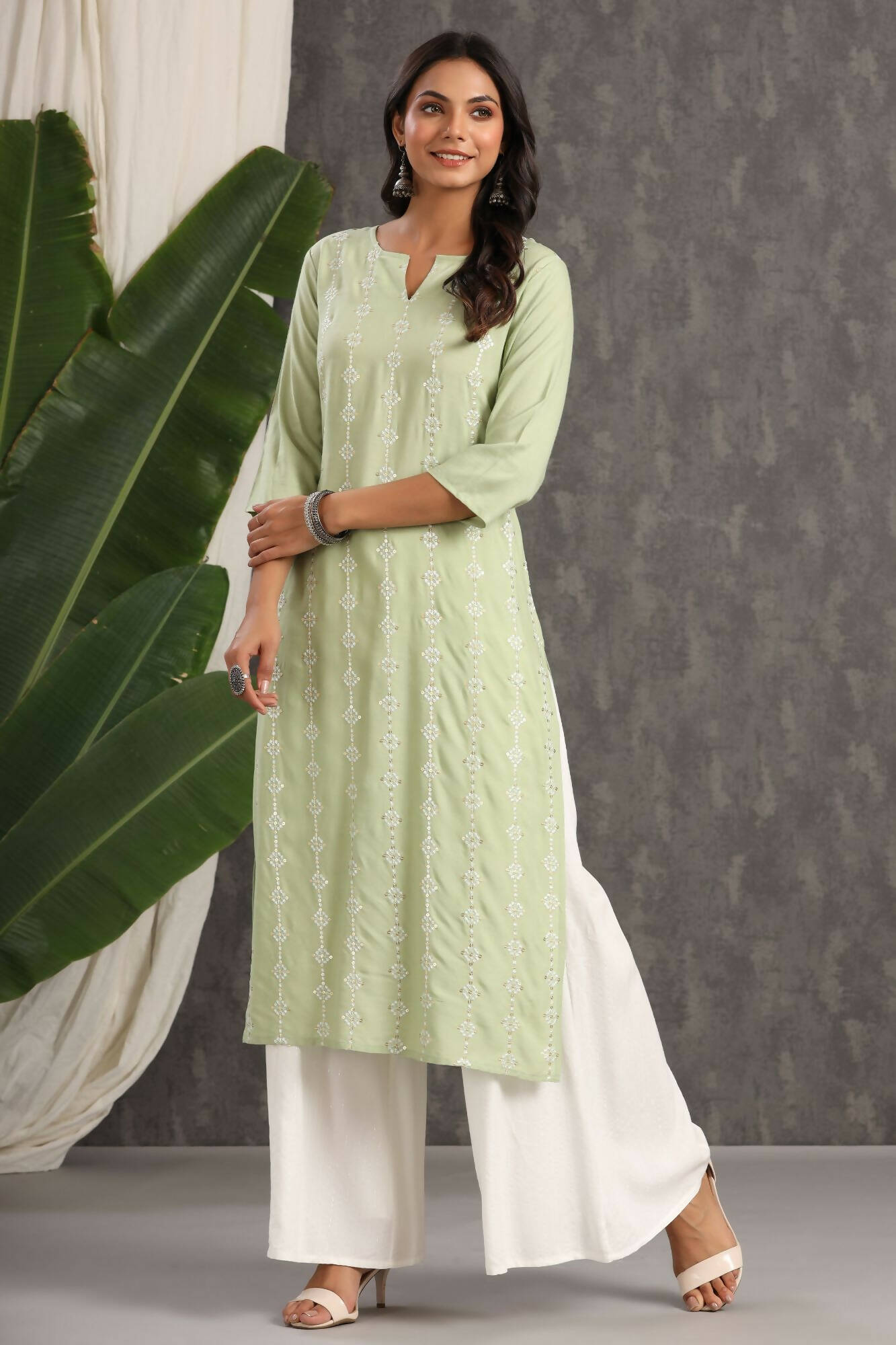 Juniper Women Lightolive Rayon Embroidered A-Line Dress