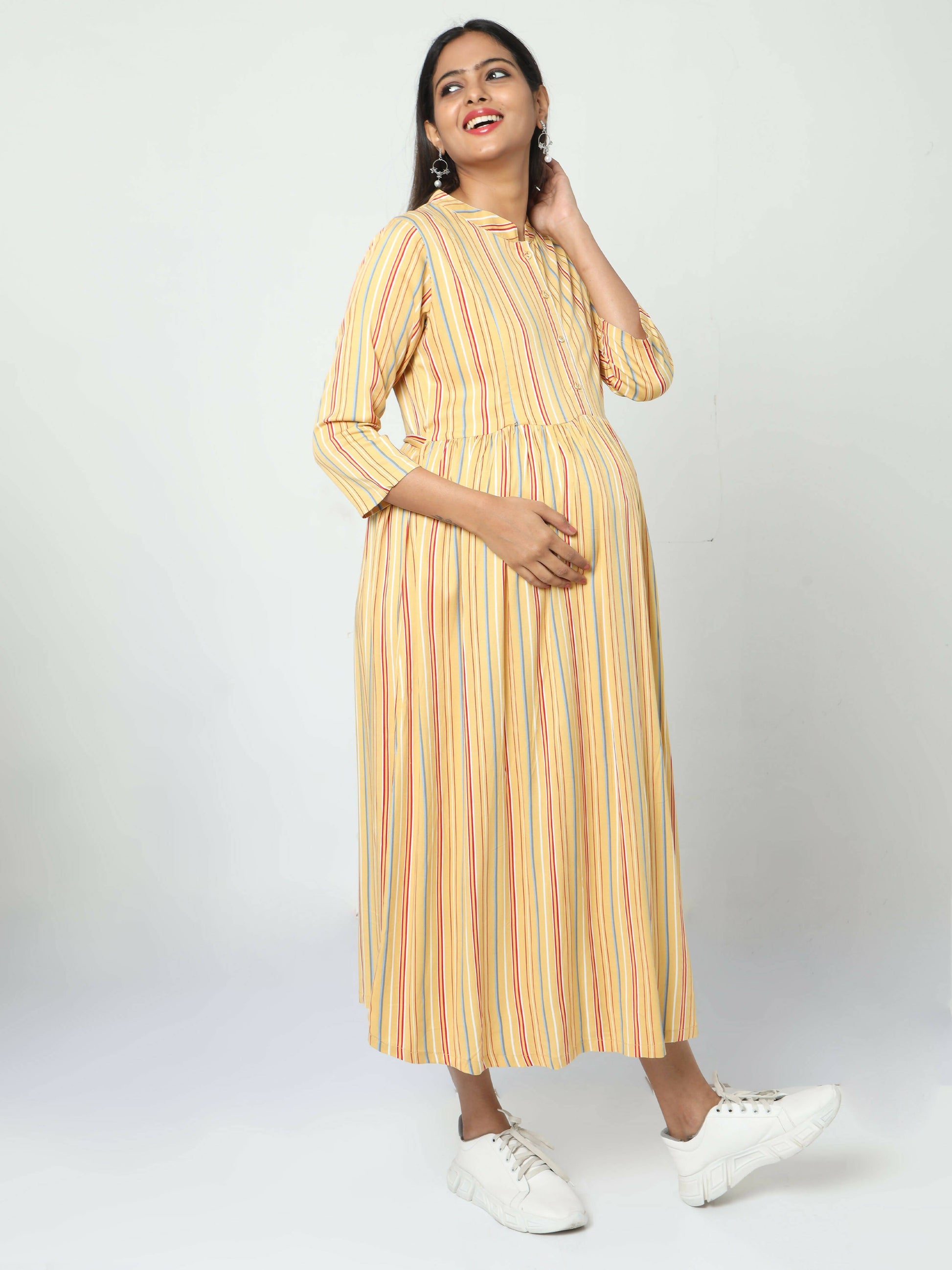 Manet Three Fourth Maternity Dress Striped With Concealed Zipper Nursing Access - Yellow
