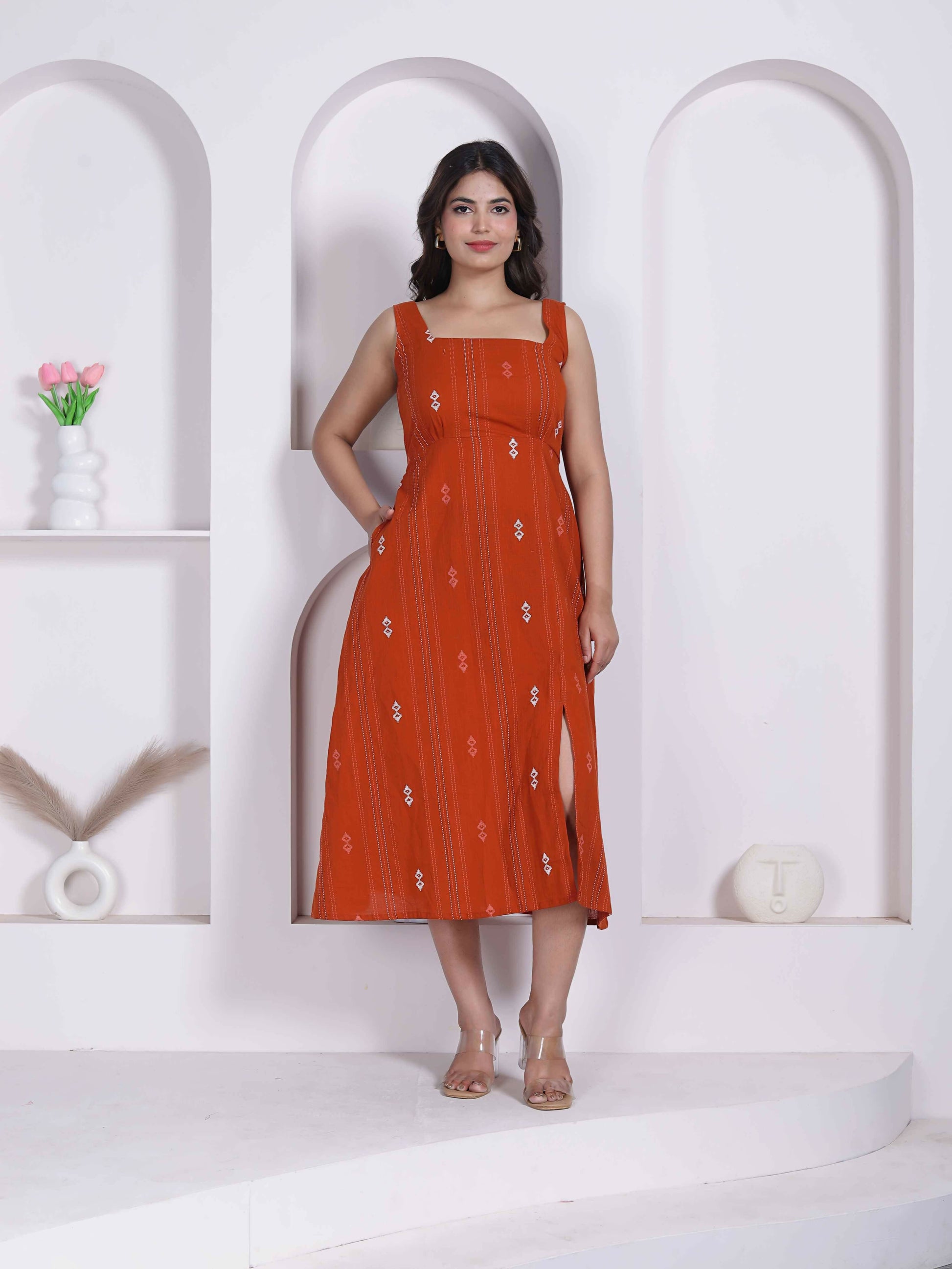 Miravan Womens Abstract Printed Rust ALine Maxi Dress