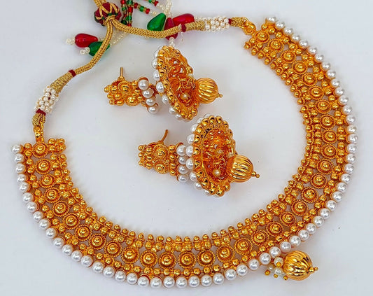 Designer Metallic Necklace Set With White Beads - Grab2buy