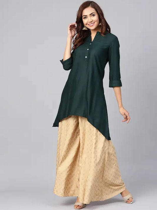 Juniper Women Solid Viscose Rayon Asymmetric Kurta (Dark Green)