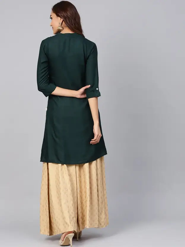 Juniper Women Solid Viscose Rayon Asymmetric Kurta (Dark Green)
