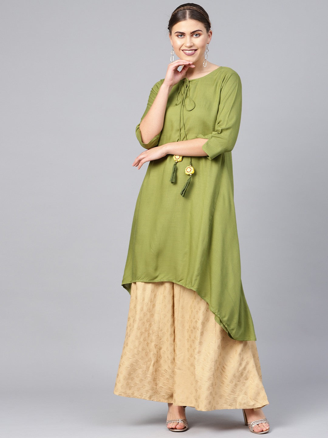 Juniper Olive Rayon Slub Solid Asymmetric Kurta with Tie-up Dori & Tassels