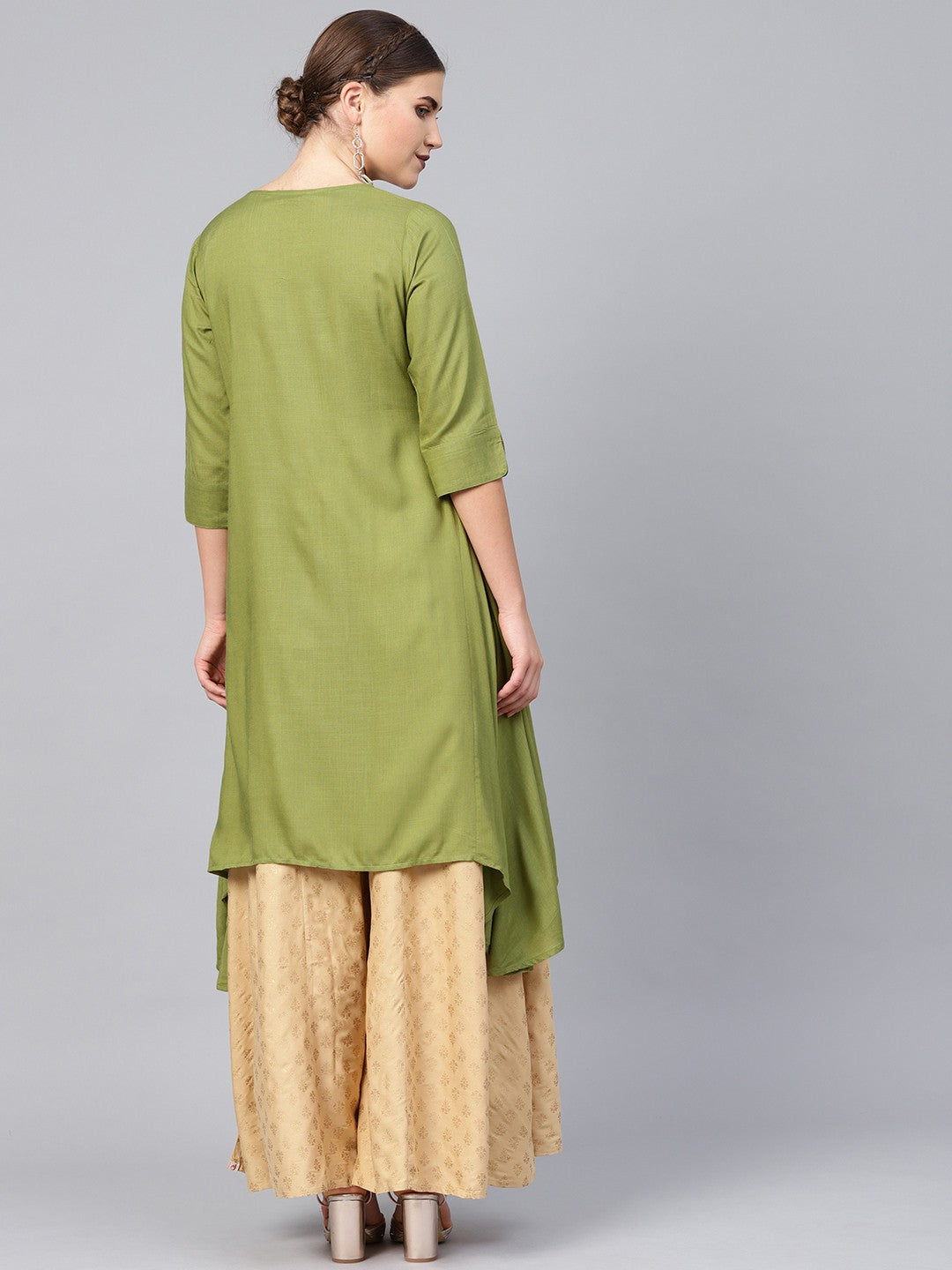 Juniper Olive Rayon Slub Solid Asymmetric Kurta with Tie-up Dori & Tassels