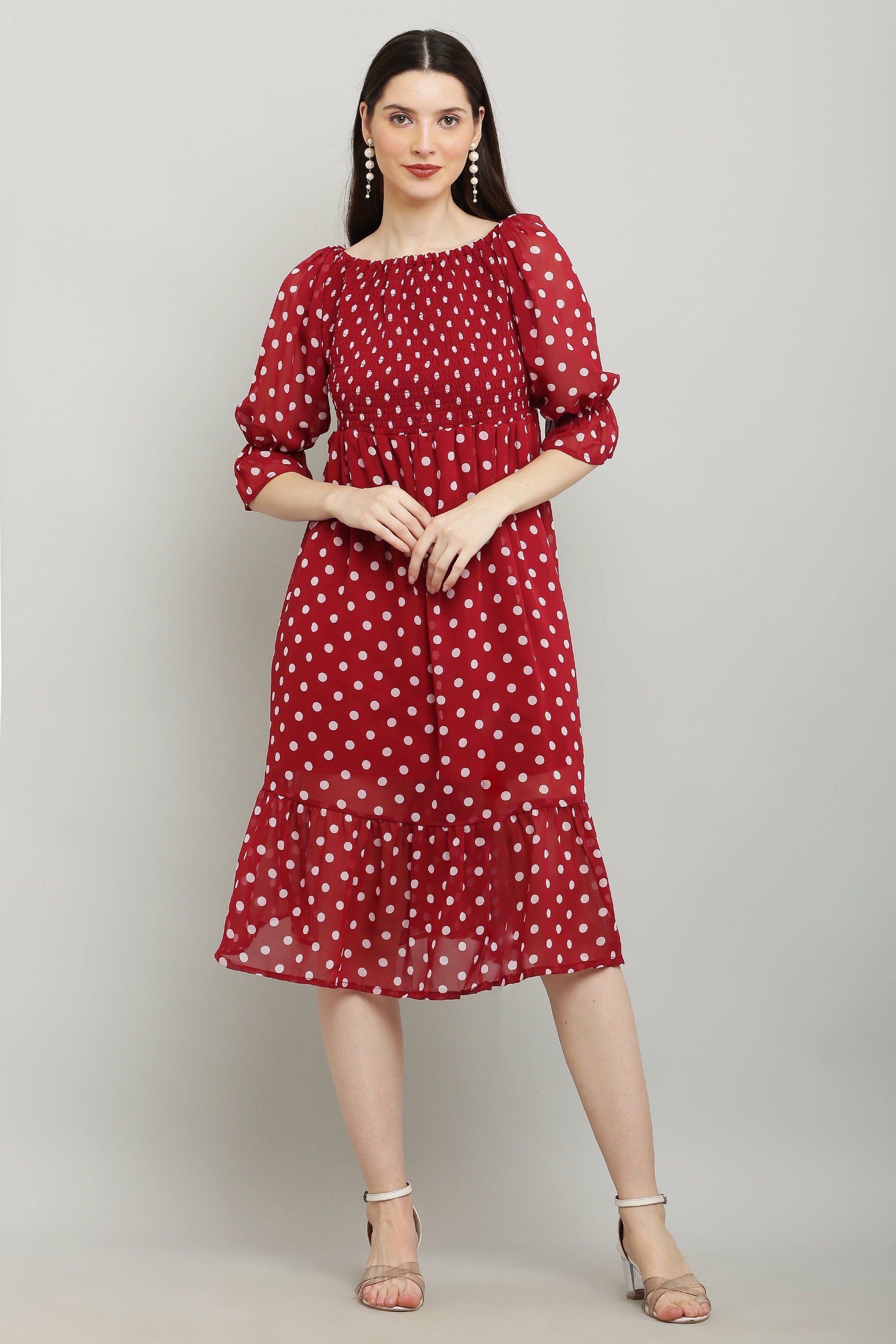 PAVONINE Polka Dots Body Kansai Maroon Dress For Women