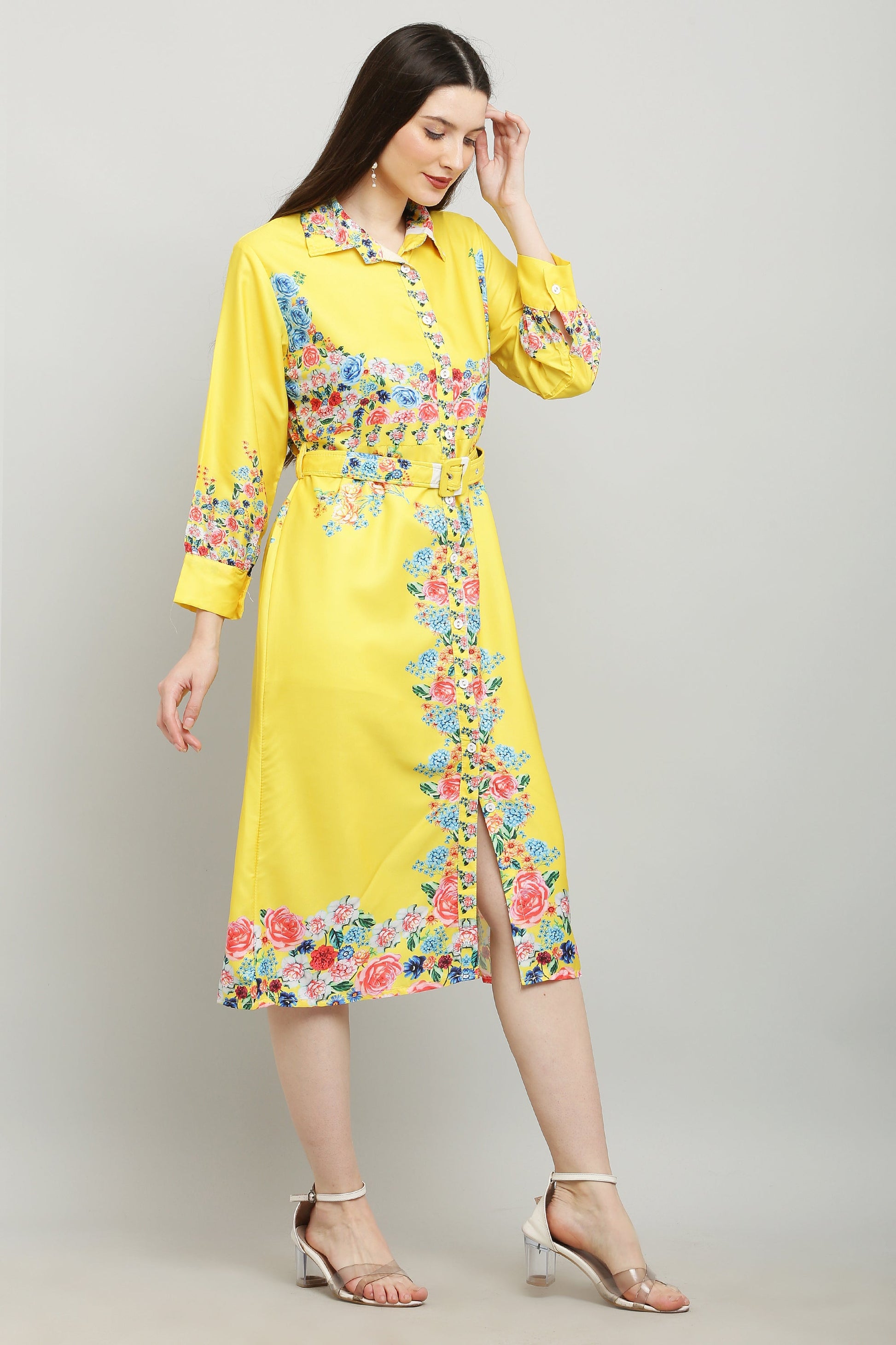 PAVONINE Cat Flower Digital Print Yellow Color A-Line Dress For Women