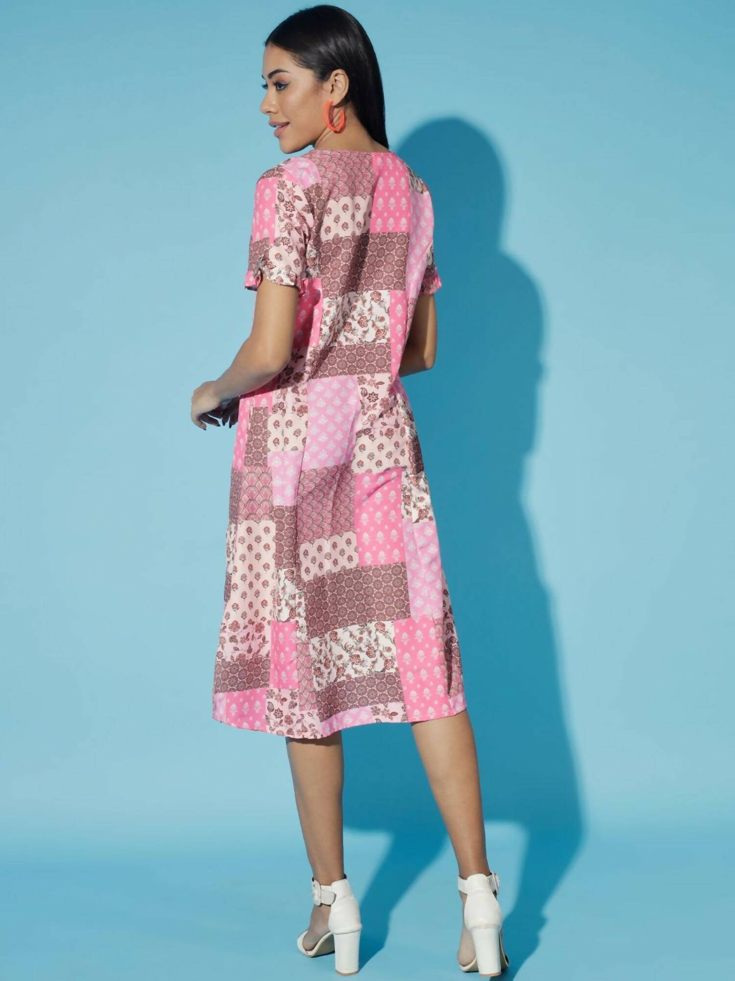 Myshka Women Multi-Geometric Rayon A-Line V-Neck Dress