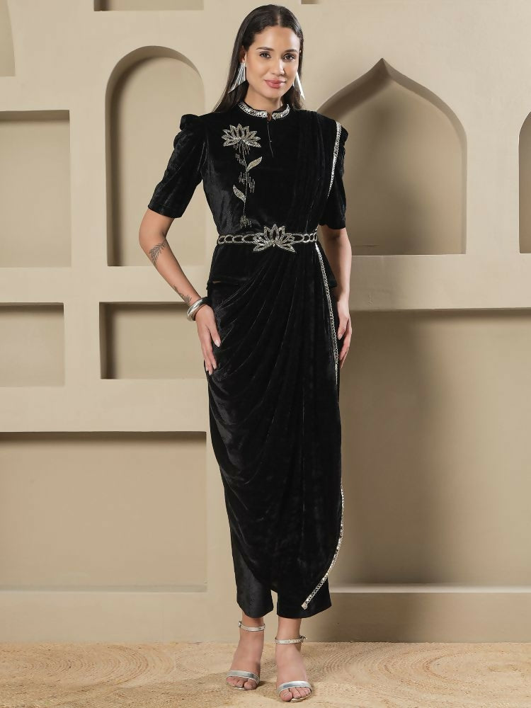 Joban Fashion Women Black Velvet Hand Embellishment Stitched Kurta Set