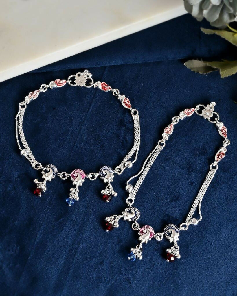 VOJ Set of 2 Silver Plated Peacock Shaped Multi Color Anklet 