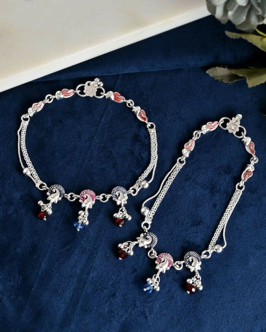VOJ Set of 2 Silver Plated Peacock Shaped Multi Color Anklet 