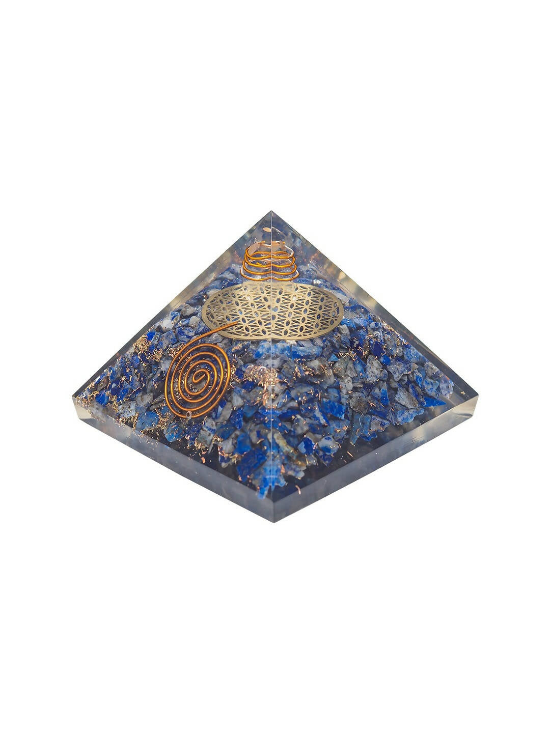 Golden Peacock Blue & Gold-Toned Lapis Lazuli Orgone Stone Pyramid Prism Paperweight 